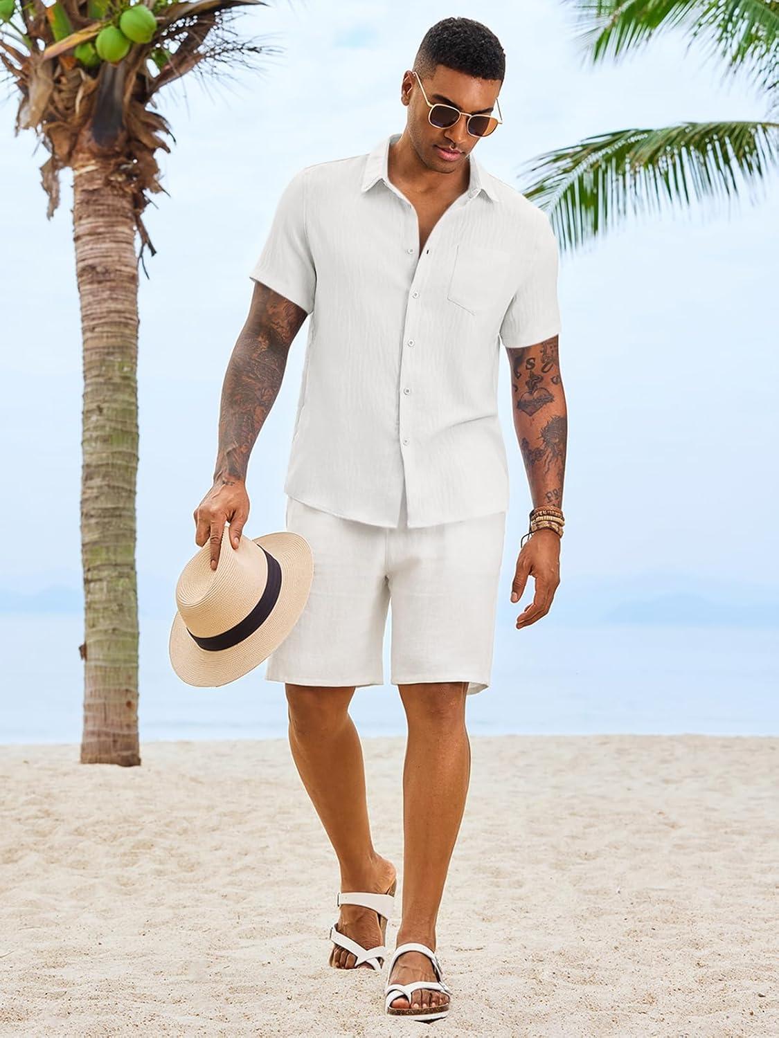 imageRuncati Mens Button Down Shirts Casual Short Sleeve Linen Shirt Summer Beach Textured Tops with PocketWhite