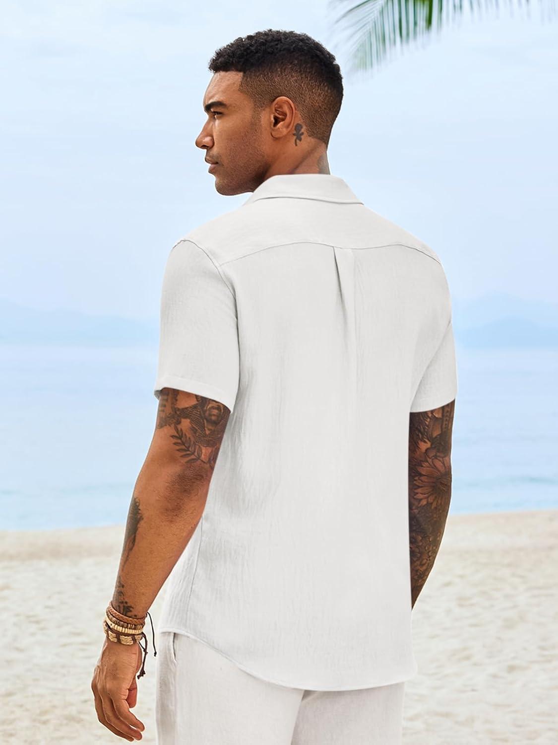 imageRuncati Mens Button Down Shirts Casual Short Sleeve Linen Shirt Summer Beach Textured Tops with PocketWhite