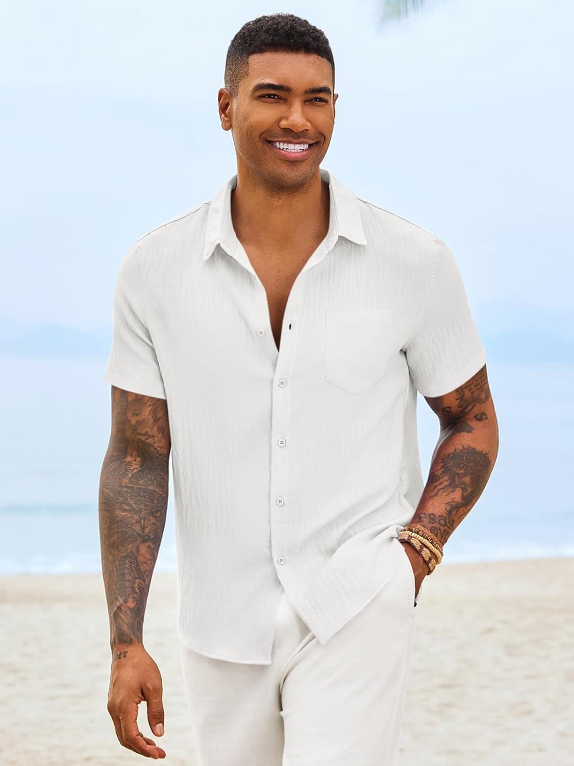 imageRuncati Mens Button Down Shirts Casual Short Sleeve Linen Shirt Summer Beach Textured Tops with PocketWhite