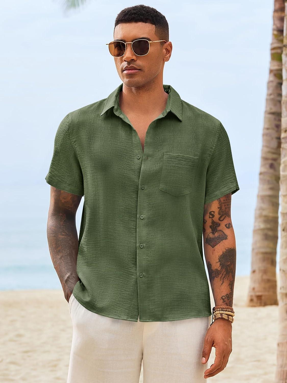 imageRuncati Mens Button Down Shirts Casual Short Sleeve Shirt Textured Linen Summer Beach Tops with PocketArmy Green