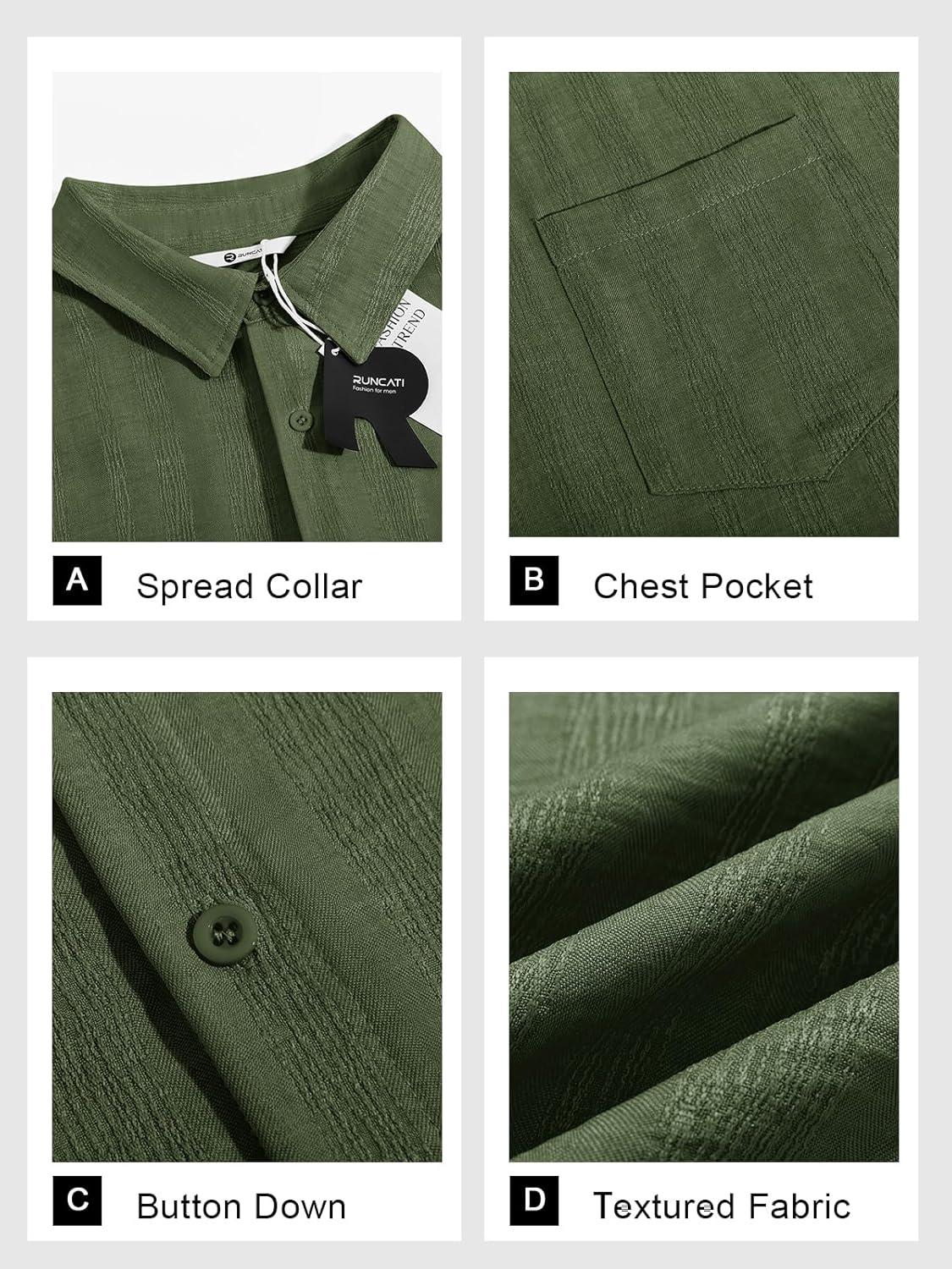 imageRuncati Mens Button Down Shirts Casual Short Sleeve Shirt Textured Linen Summer Beach Tops with PocketArmy Green