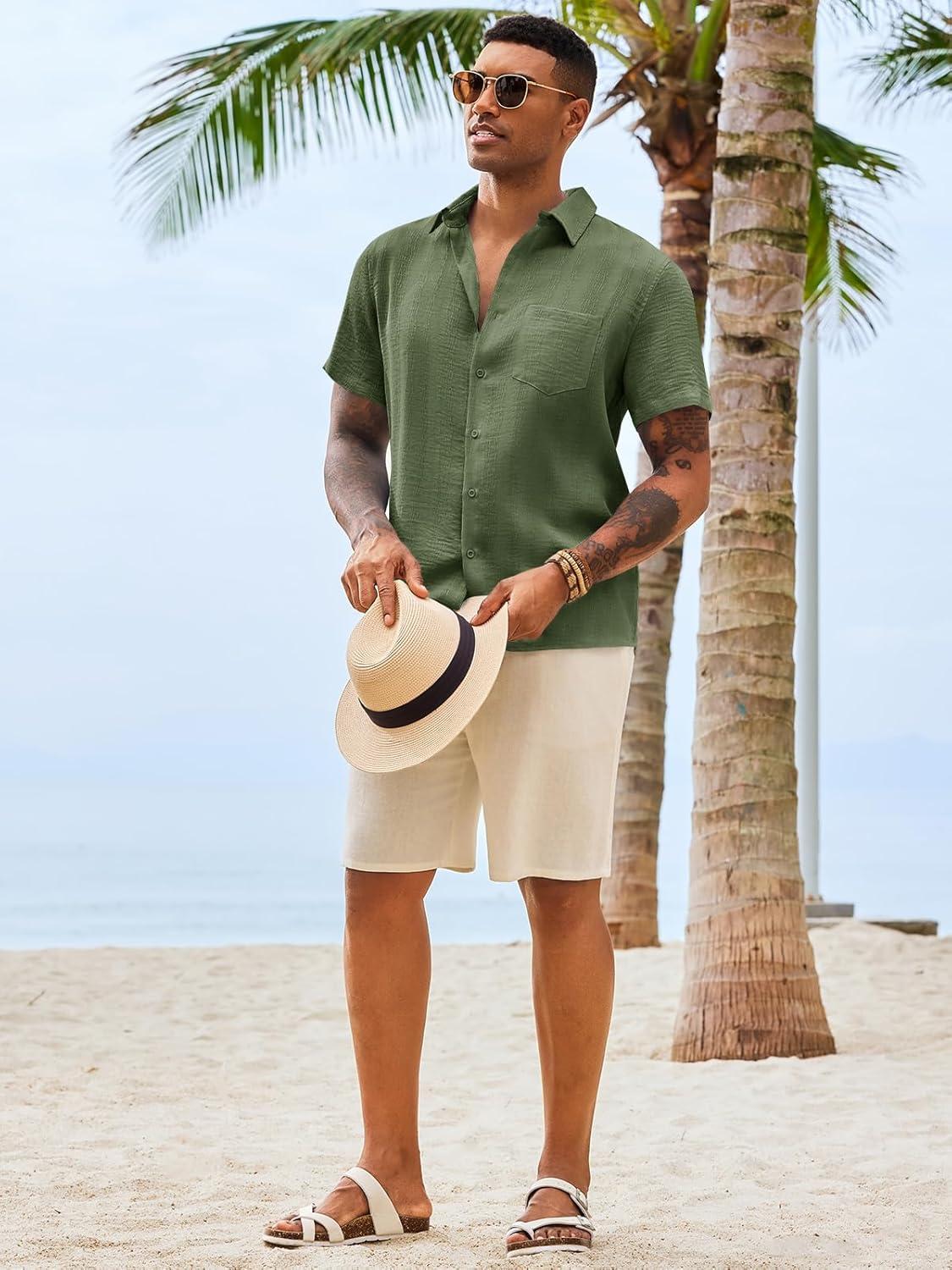 imageRuncati Mens Button Down Shirts Casual Short Sleeve Shirt Textured Linen Summer Beach Tops with PocketArmy Green