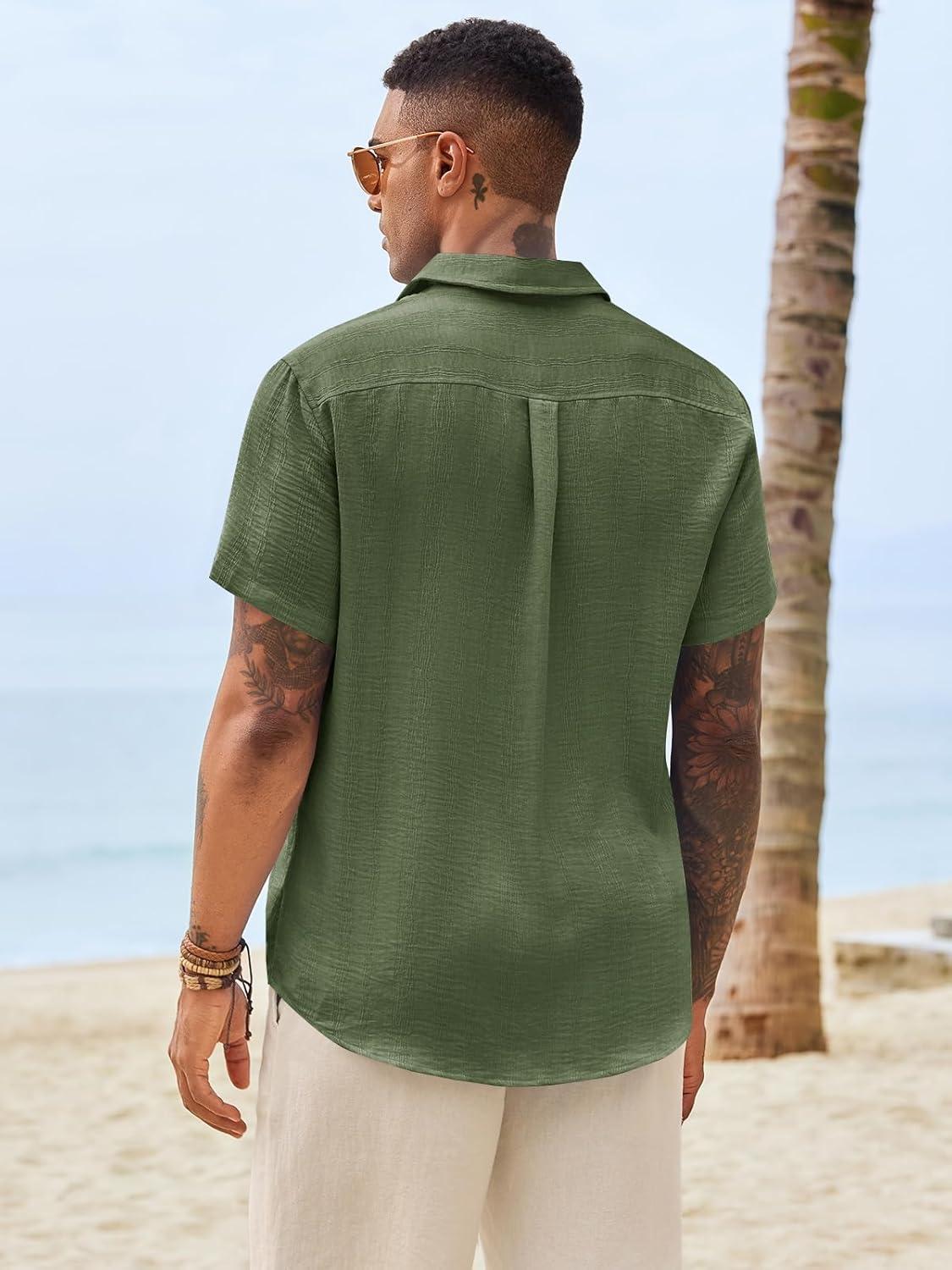 imageRuncati Mens Button Down Shirts Casual Short Sleeve Shirt Textured Linen Summer Beach Tops with PocketArmy Green
