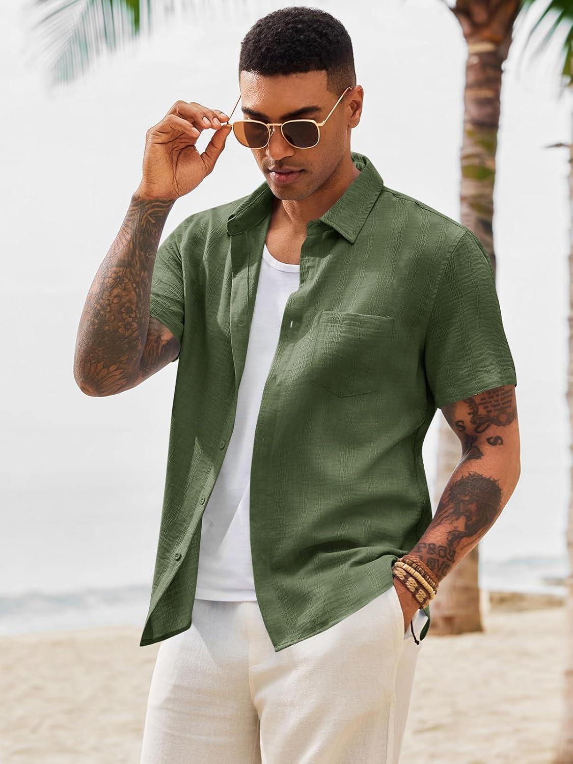 imageRuncati Mens Button Down Shirts Casual Short Sleeve Shirt Textured Linen Summer Beach Tops with PocketArmy Green