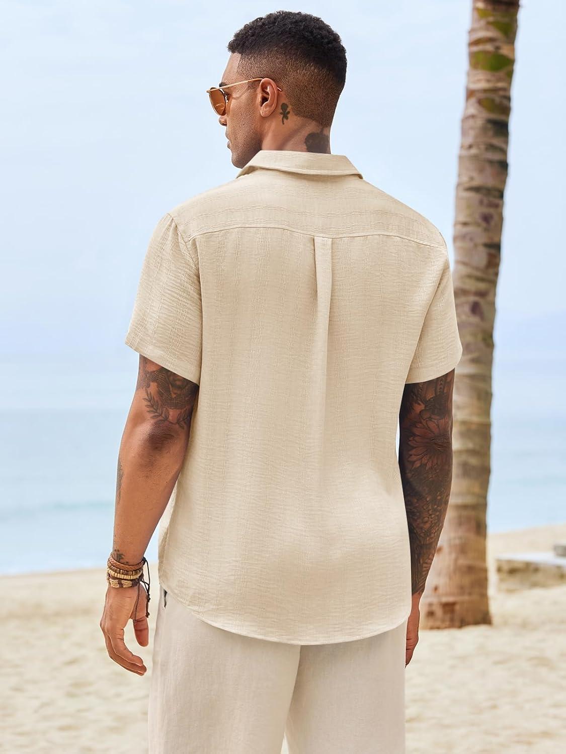 imageRuncati Mens Button Down Shirts Casual Short Sleeve Shirt Textured Linen Summer Beach Tops with PocketBeige