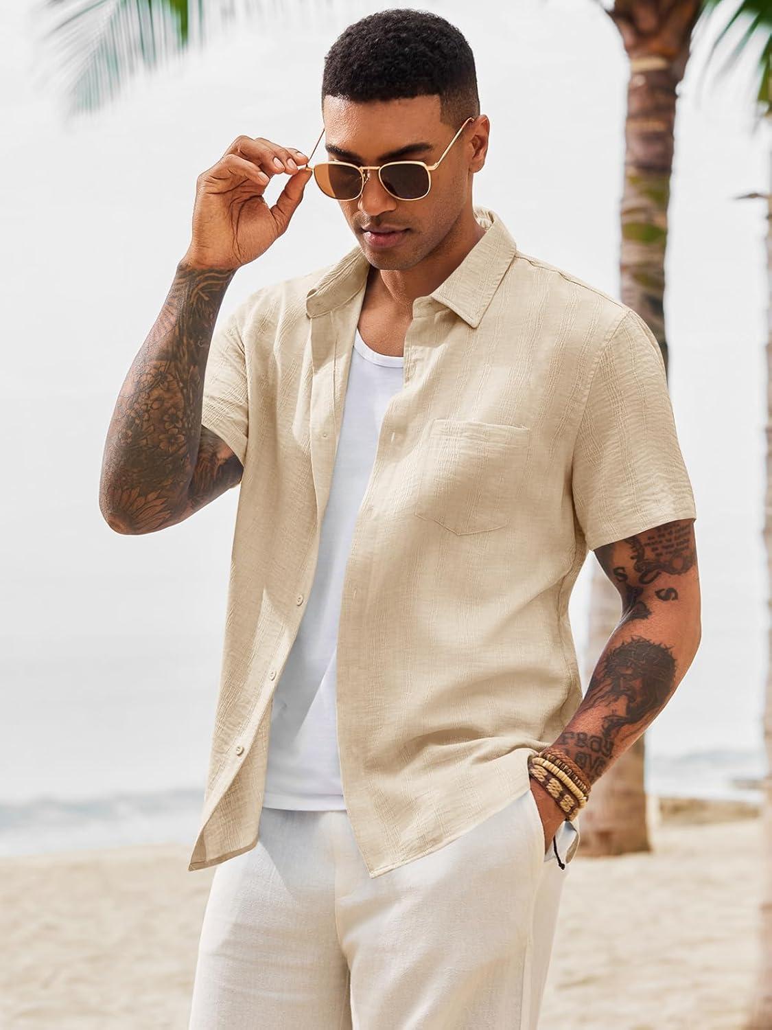 imageRuncati Mens Button Down Shirts Casual Short Sleeve Shirt Textured Linen Summer Beach Tops with PocketBeige
