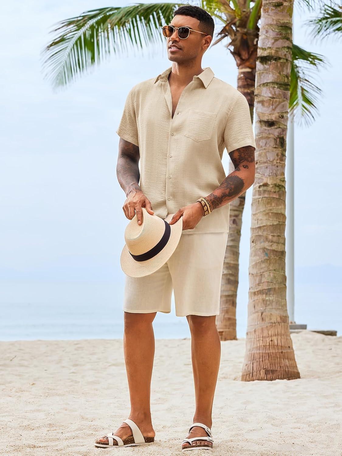 imageRuncati Mens Button Down Shirts Casual Short Sleeve Shirt Textured Linen Summer Beach Tops with PocketBeige