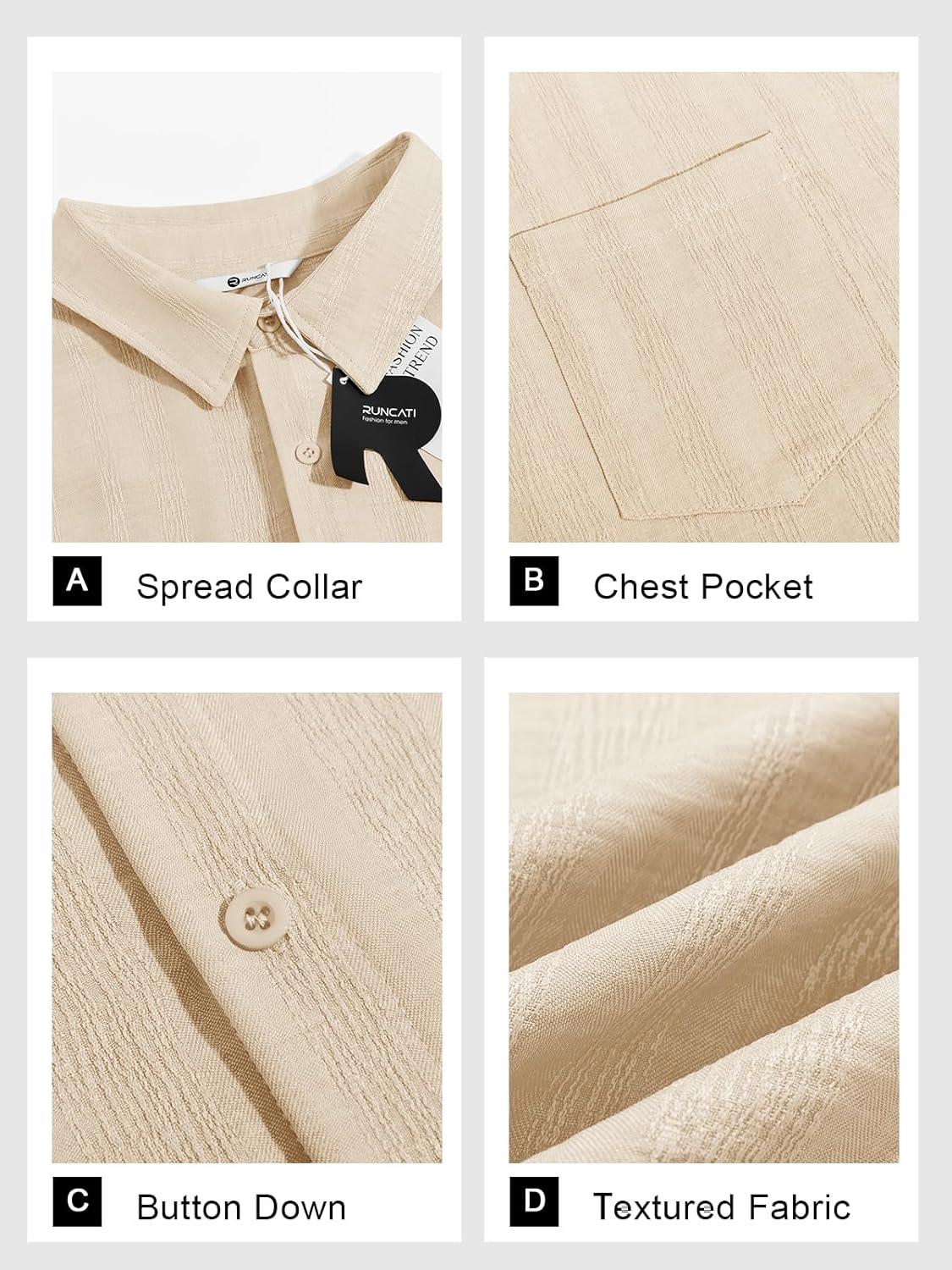imageRuncati Mens Button Down Shirts Casual Short Sleeve Shirt Textured Linen Summer Beach Tops with PocketBeige