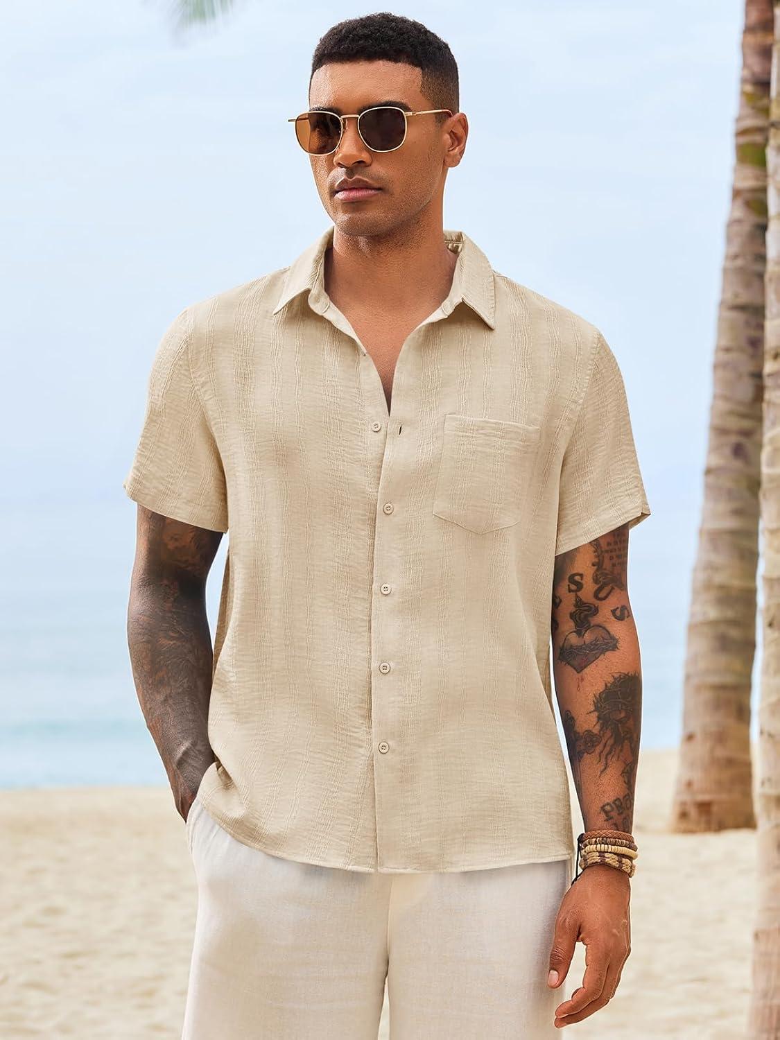 imageRuncati Mens Button Down Shirts Casual Short Sleeve Shirt Textured Linen Summer Beach Tops with PocketBeige