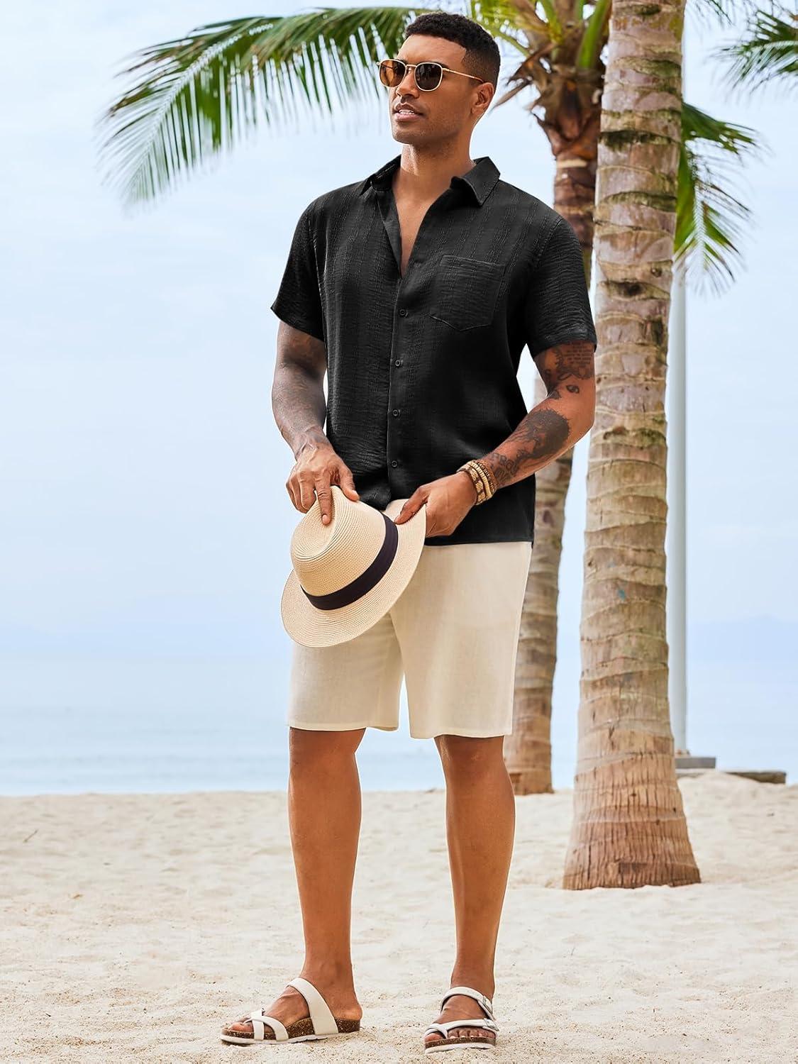 imageRuncati Mens Button Down Shirts Casual Short Sleeve Shirt Textured Linen Summer Beach Tops with PocketBlack