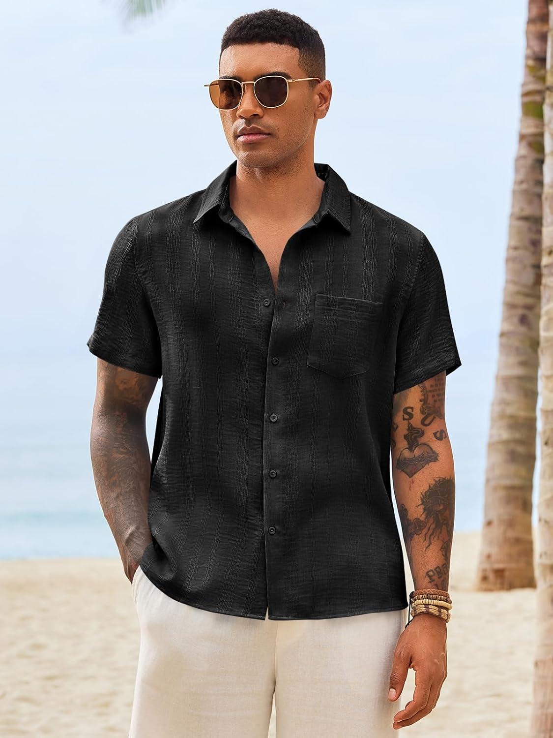 imageRuncati Mens Button Down Shirts Casual Short Sleeve Shirt Textured Linen Summer Beach Tops with PocketBlack