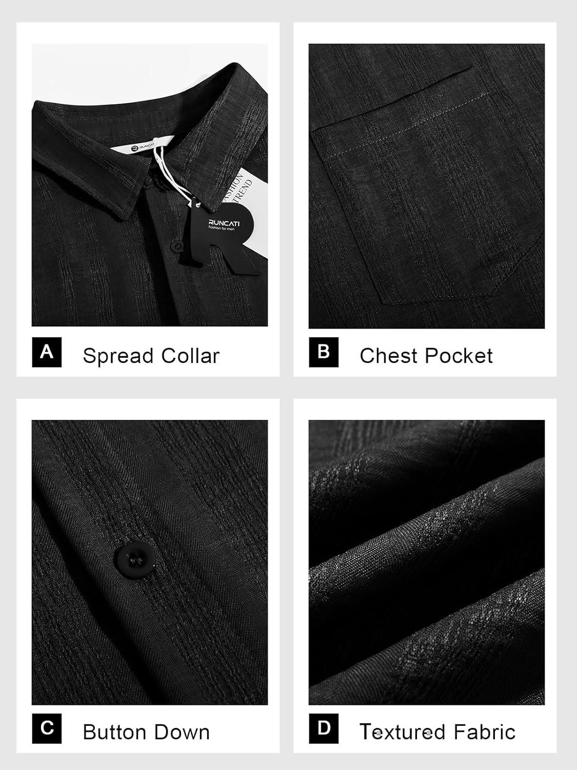 imageRuncati Mens Button Down Shirts Casual Short Sleeve Shirt Textured Linen Summer Beach Tops with PocketBlack