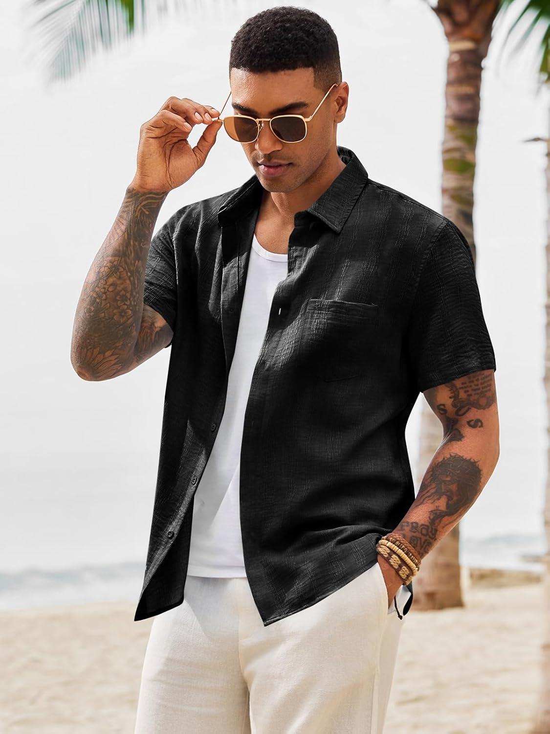 imageRuncati Mens Button Down Shirts Casual Short Sleeve Shirt Textured Linen Summer Beach Tops with PocketBlack