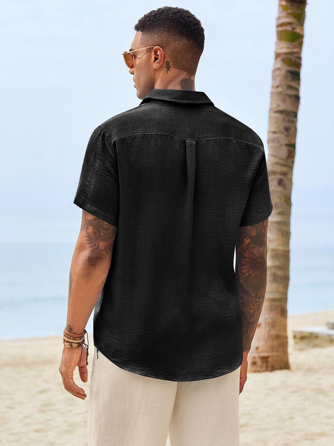 imageRuncati Mens Button Down Shirts Casual Short Sleeve Shirt Textured Linen Summer Beach Tops with PocketBlack