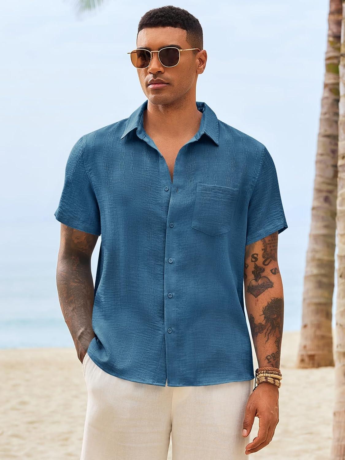 imageRuncati Mens Button Down Shirts Casual Short Sleeve Shirt Textured Linen Summer Beach Tops with PocketBluish Gray