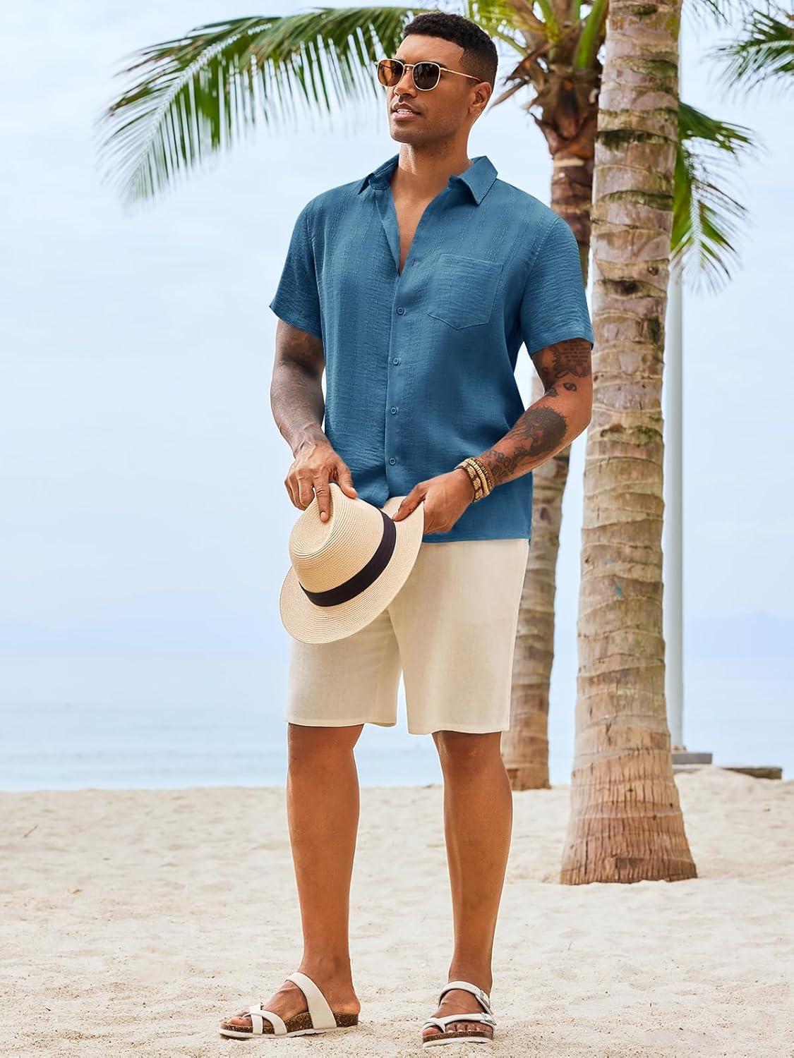 imageRuncati Mens Button Down Shirts Casual Short Sleeve Shirt Textured Linen Summer Beach Tops with PocketBluish Gray