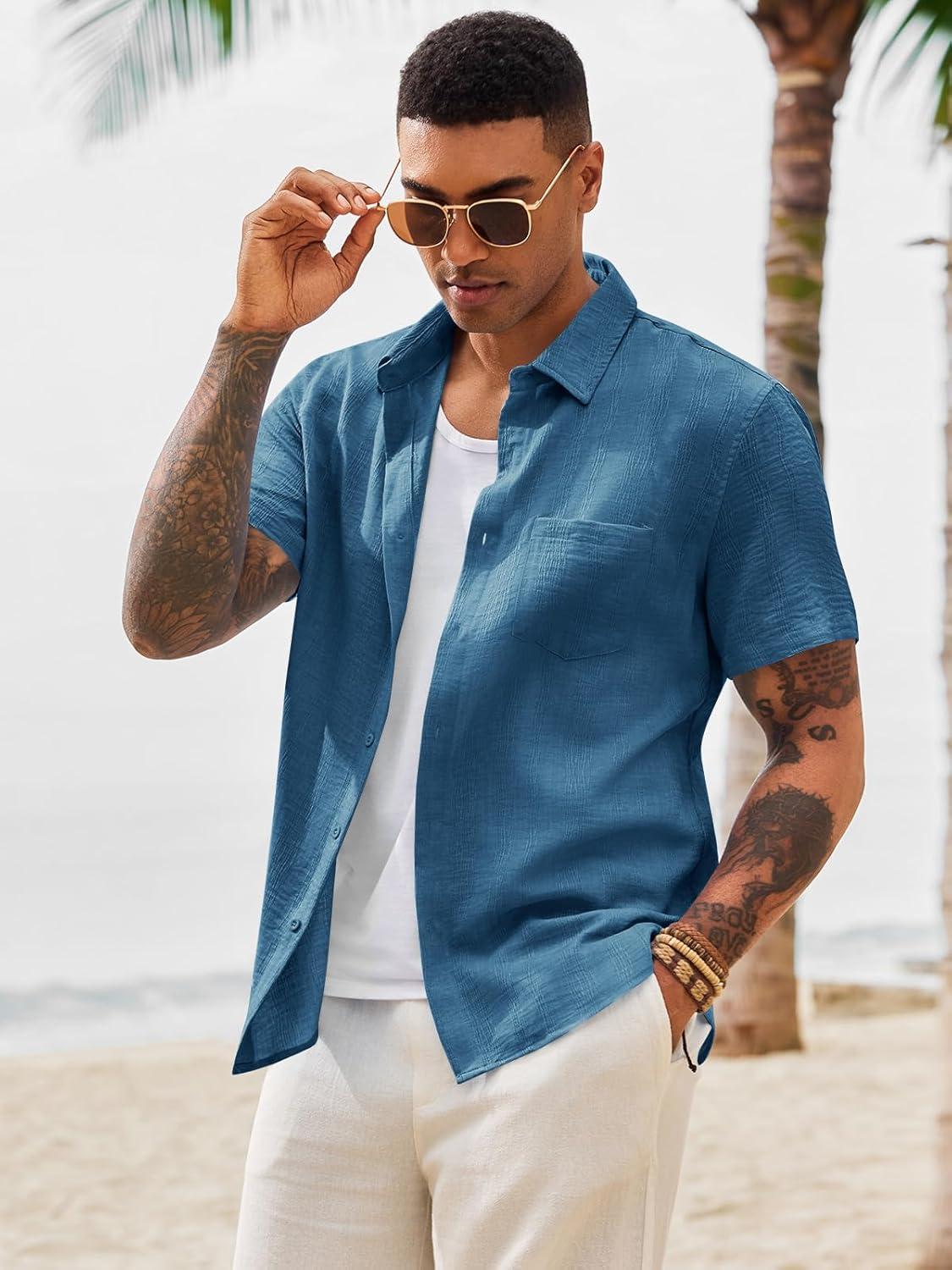 imageRuncati Mens Button Down Shirts Casual Short Sleeve Shirt Textured Linen Summer Beach Tops with PocketBluish Gray