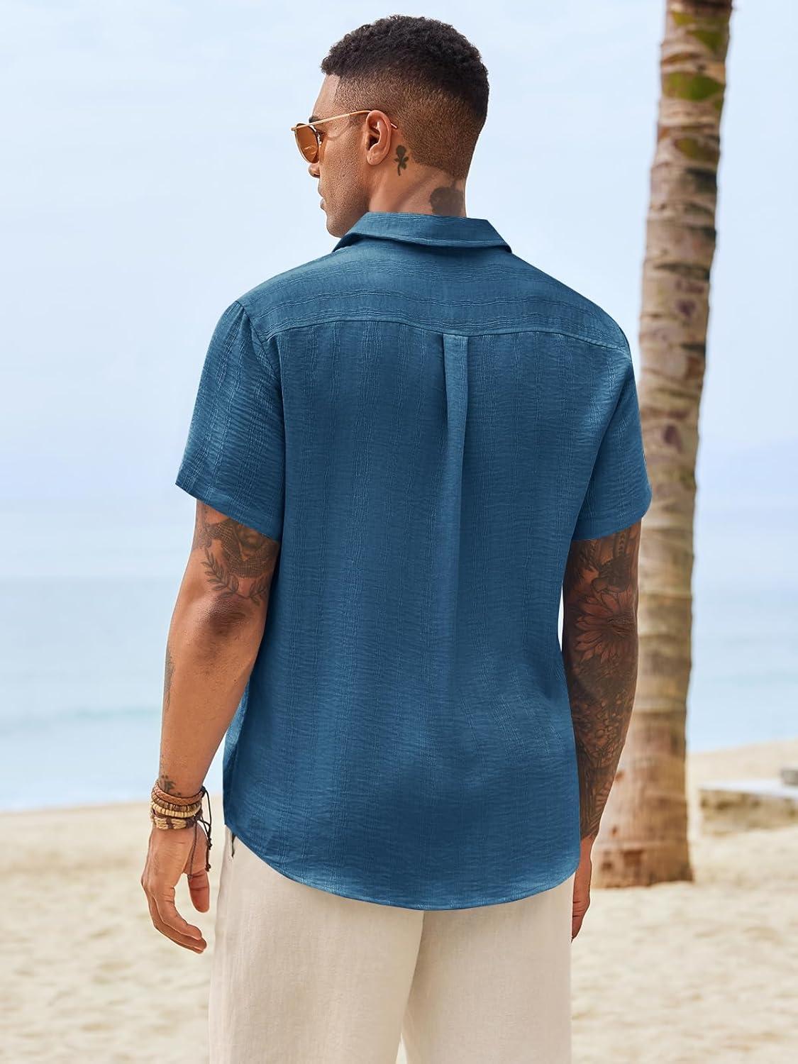 imageRuncati Mens Button Down Shirts Casual Short Sleeve Shirt Textured Linen Summer Beach Tops with PocketBluish Gray