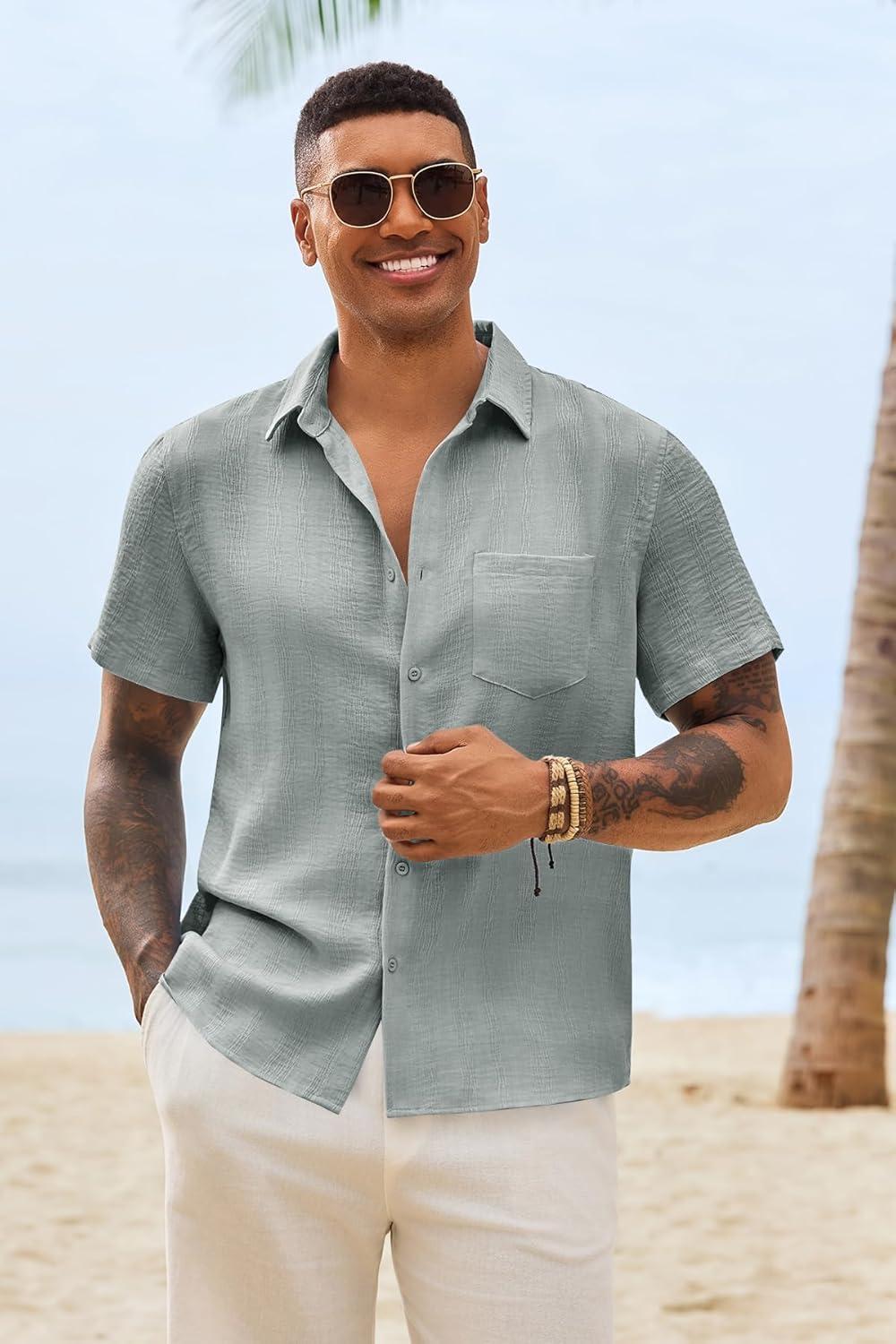 imageRuncati Mens Button Down Shirts Casual Short Sleeve Shirt Textured Linen Summer Beach Tops with PocketGrey