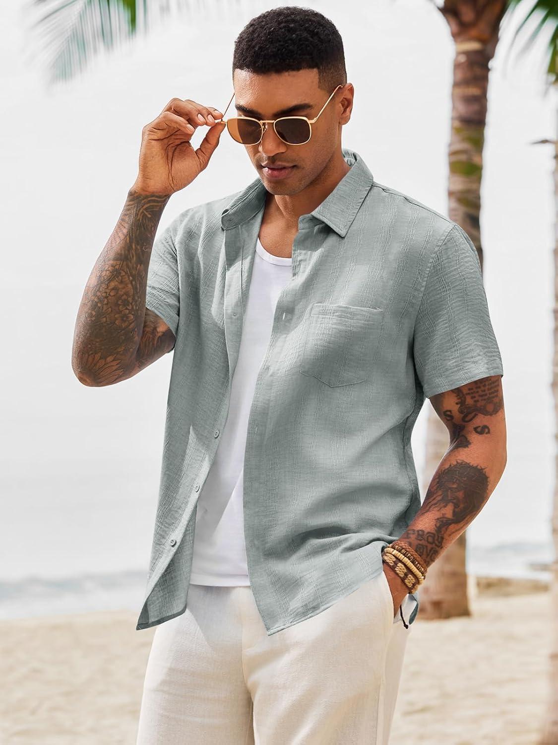 imageRuncati Mens Button Down Shirts Casual Short Sleeve Shirt Textured Linen Summer Beach Tops with PocketGrey