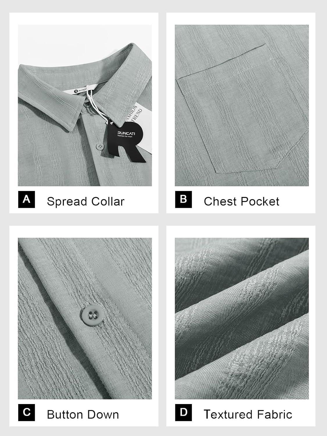imageRuncati Mens Button Down Shirts Casual Short Sleeve Shirt Textured Linen Summer Beach Tops with PocketGrey