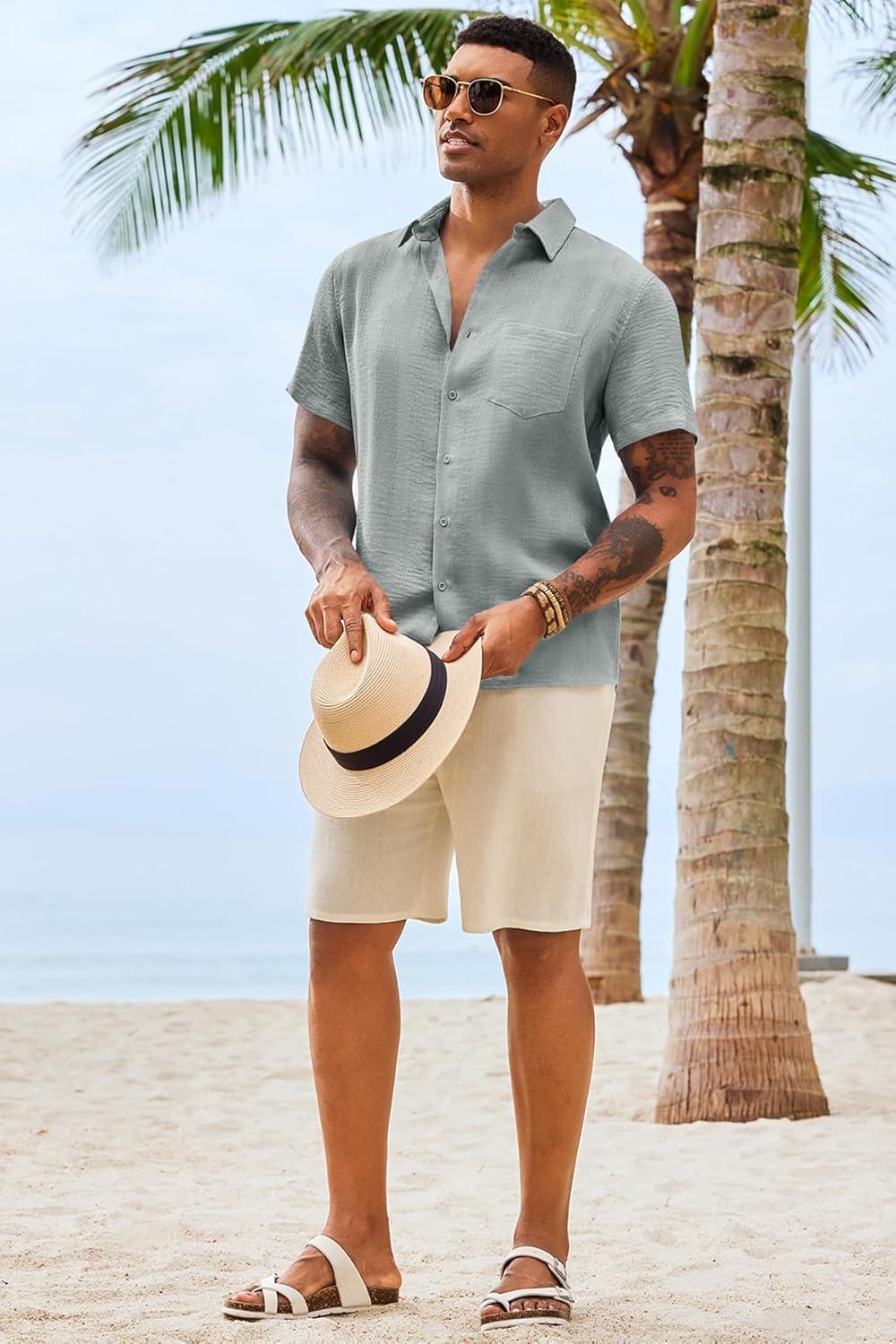 imageRuncati Mens Button Down Shirts Casual Short Sleeve Shirt Textured Linen Summer Beach Tops with PocketGrey