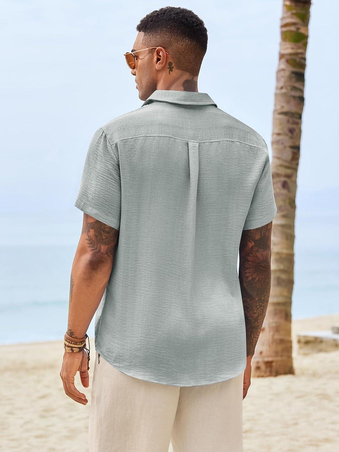 imageRuncati Mens Button Down Shirts Casual Short Sleeve Shirt Textured Linen Summer Beach Tops with PocketGrey