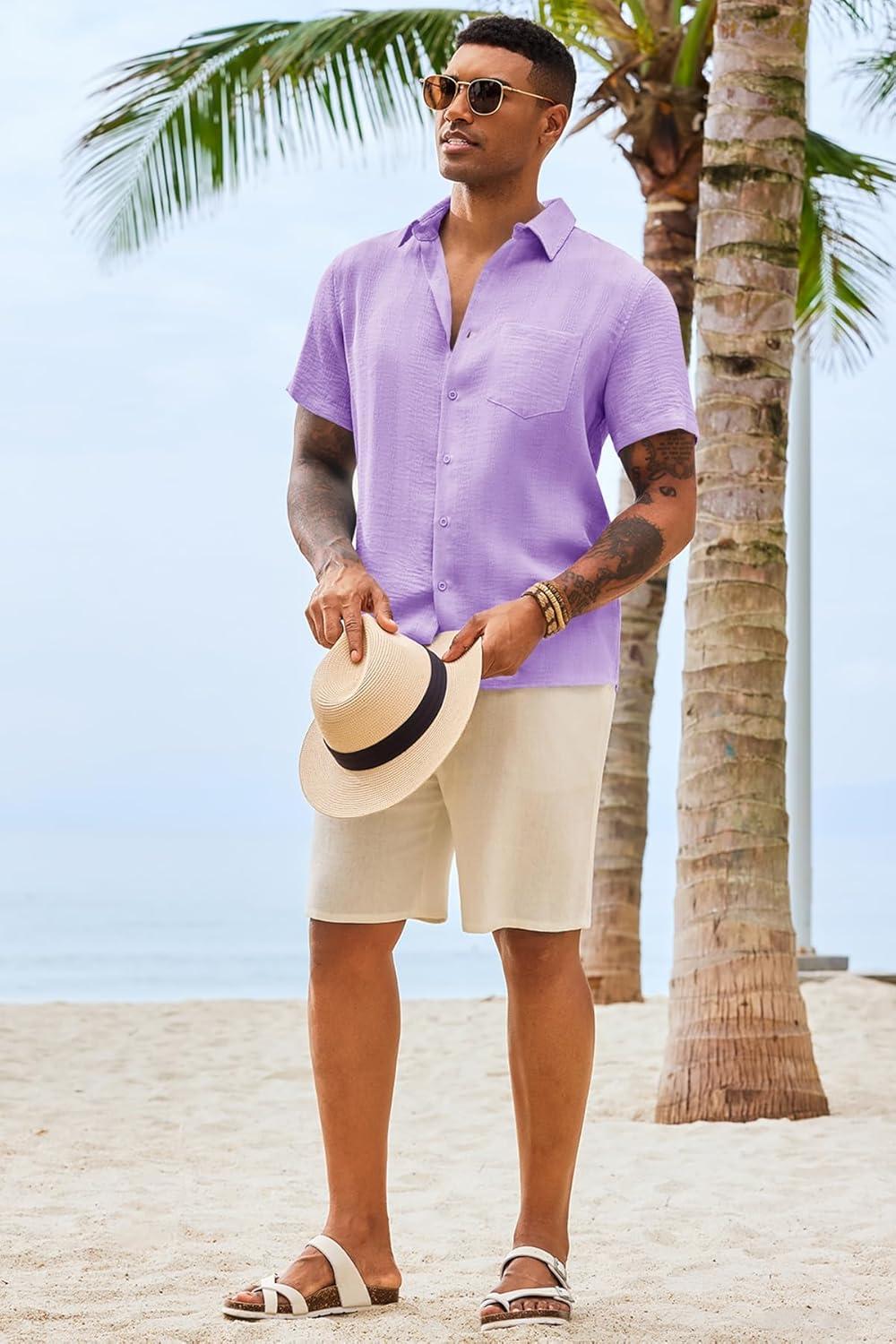 imageRuncati Mens Button Down Shirts Casual Short Sleeve Shirt Textured Linen Summer Beach Tops with PocketLight Purple