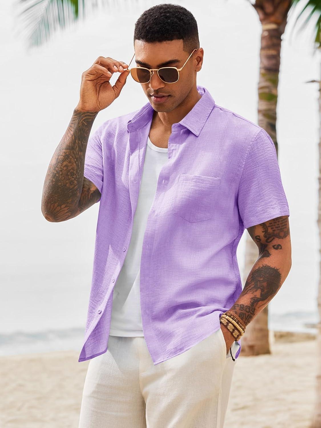 imageRuncati Mens Button Down Shirts Casual Short Sleeve Shirt Textured Linen Summer Beach Tops with PocketLight Purple