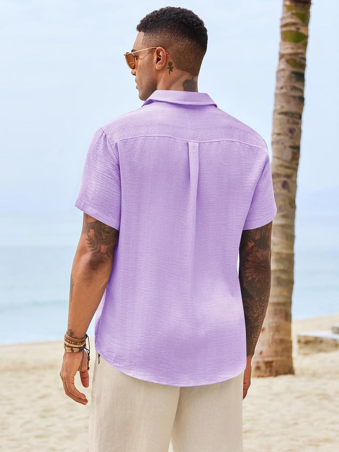 imageRuncati Mens Button Down Shirts Casual Short Sleeve Shirt Textured Linen Summer Beach Tops with PocketLight Purple