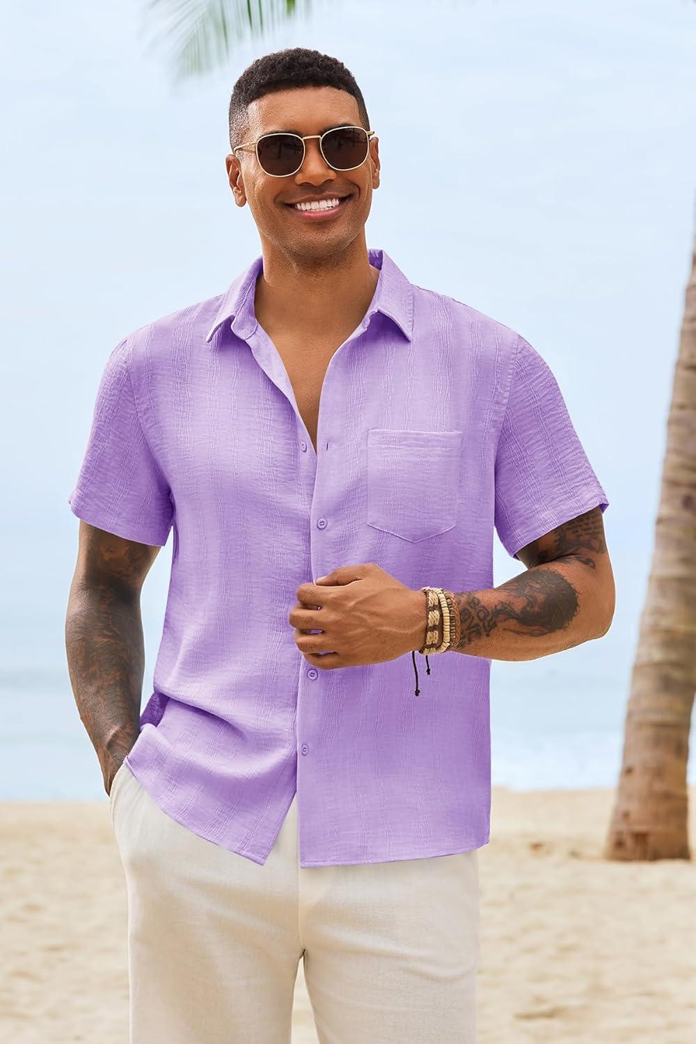 imageRuncati Mens Button Down Shirts Casual Short Sleeve Shirt Textured Linen Summer Beach Tops with PocketLight Purple