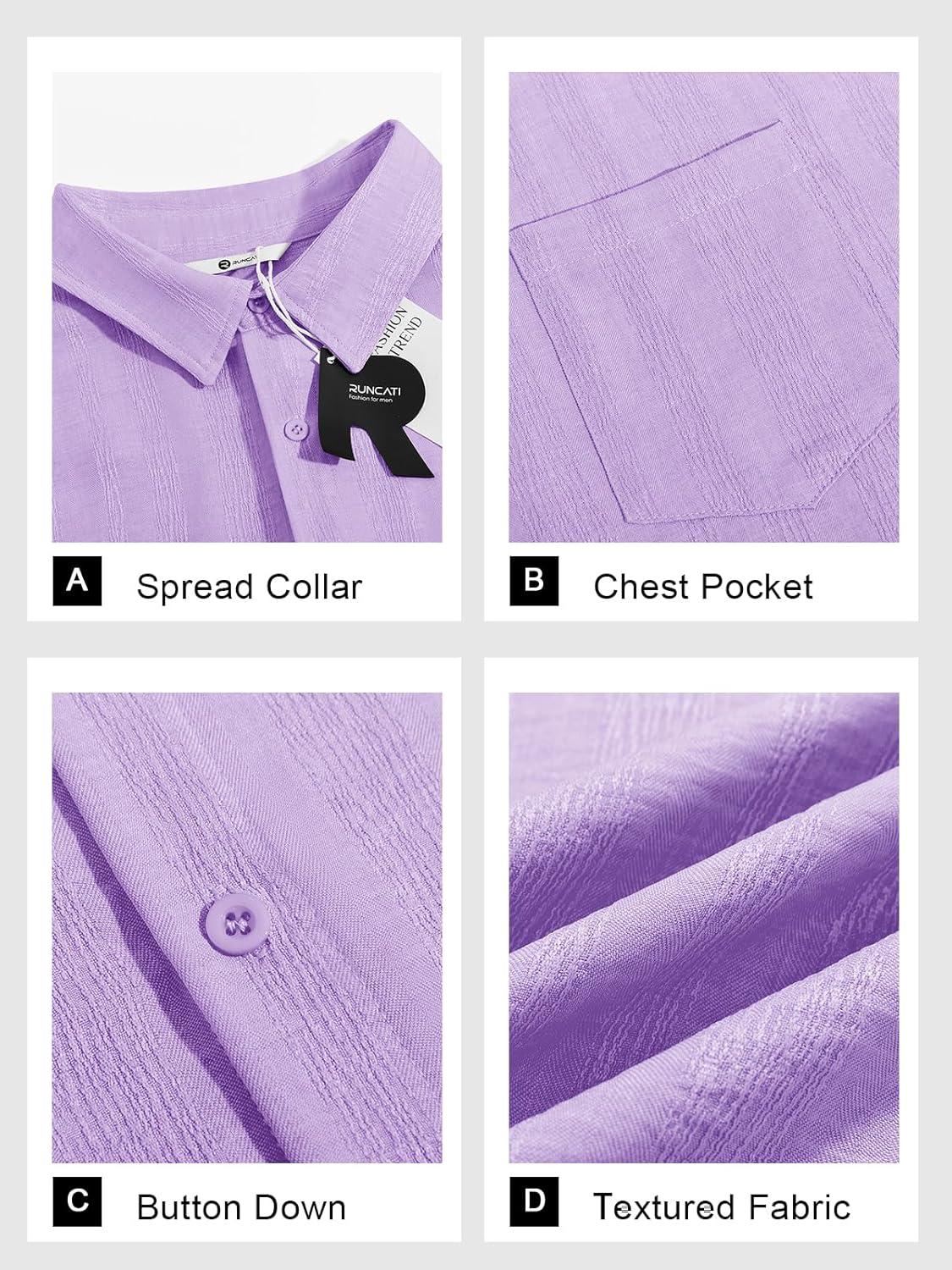 imageRuncati Mens Button Down Shirts Casual Short Sleeve Shirt Textured Linen Summer Beach Tops with PocketLight Purple