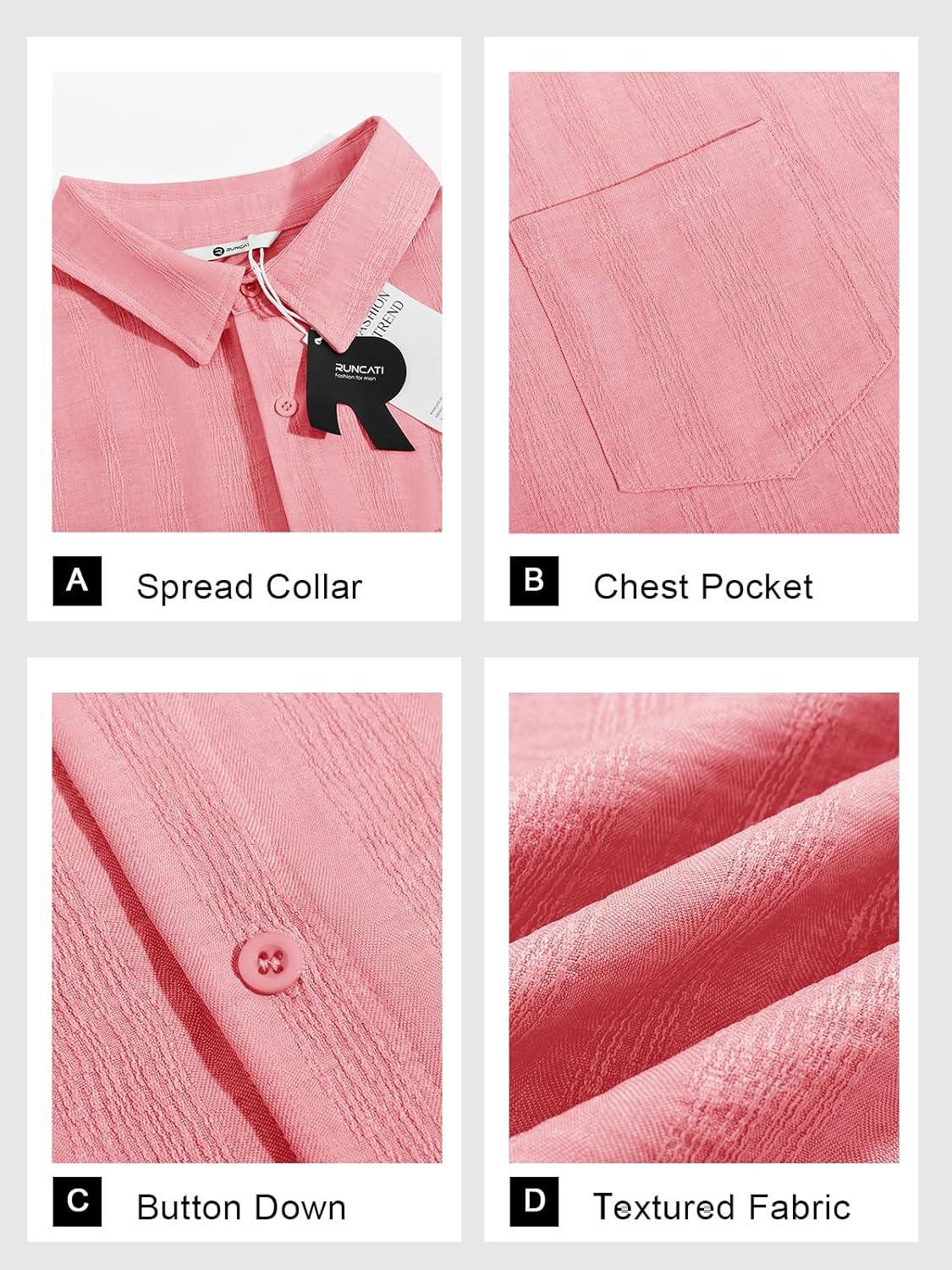 imageRuncati Mens Button Down Shirts Casual Short Sleeve Shirt Textured Linen Summer Beach Tops with PocketPink