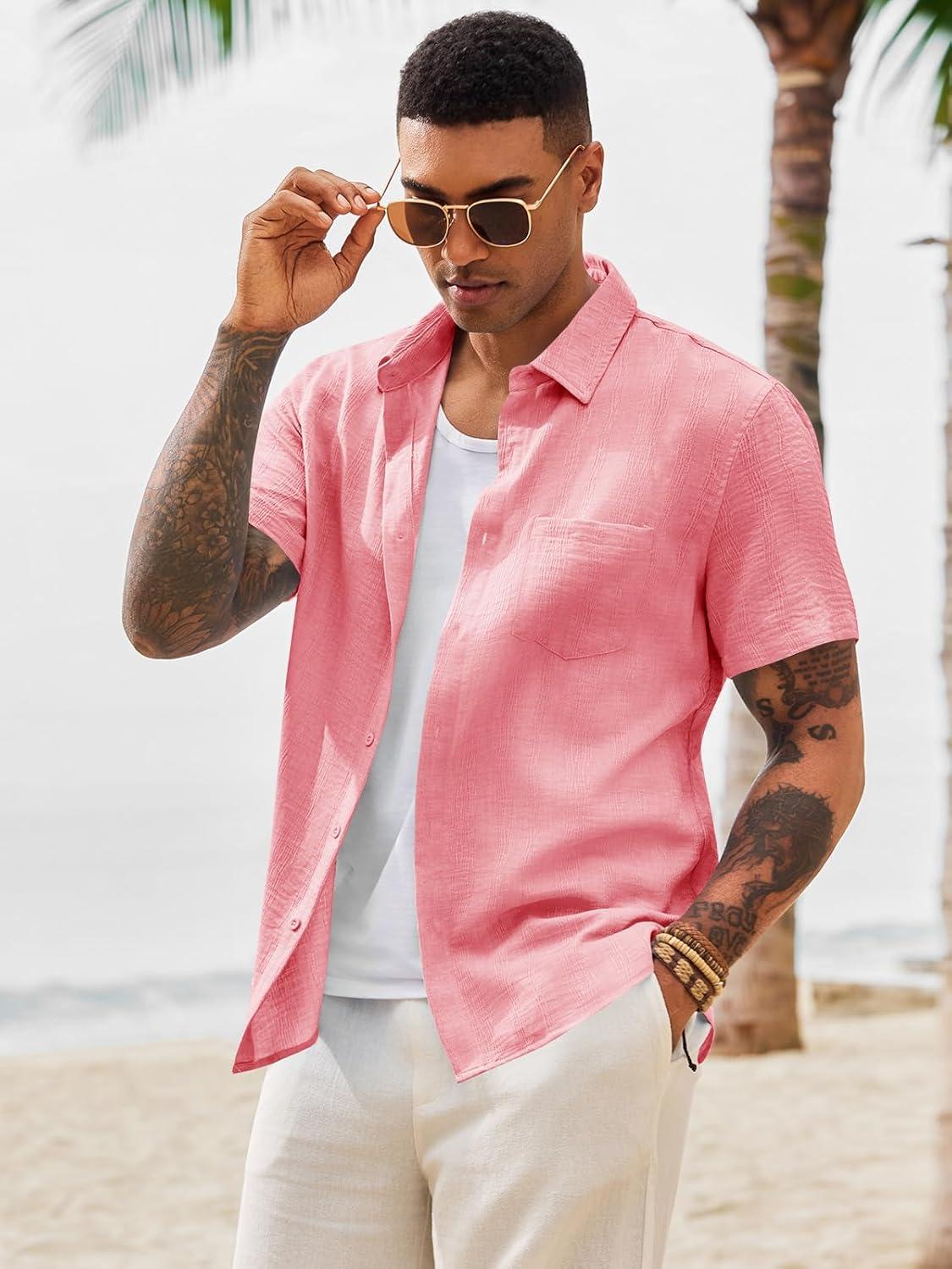 imageRuncati Mens Button Down Shirts Casual Short Sleeve Shirt Textured Linen Summer Beach Tops with PocketPink