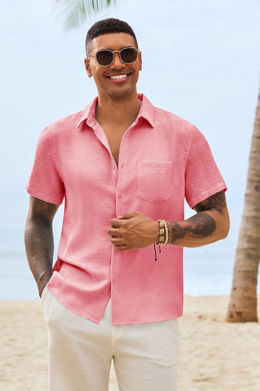 imageRuncati Mens Button Down Shirts Casual Short Sleeve Shirt Textured Linen Summer Beach Tops with PocketPink