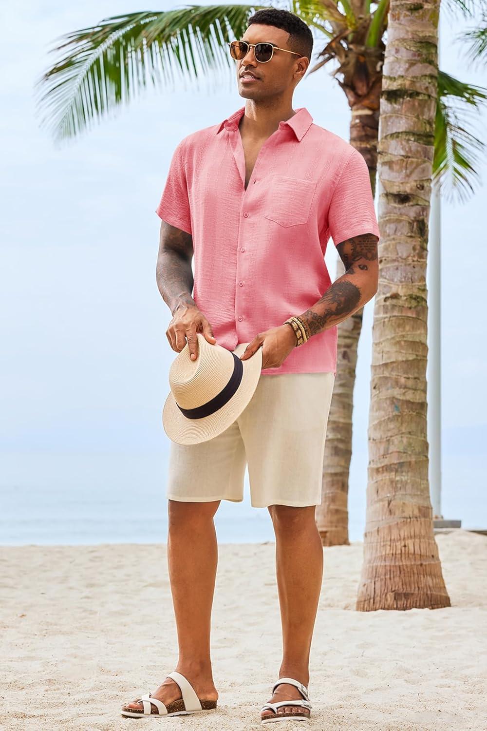 imageRuncati Mens Button Down Shirts Casual Short Sleeve Shirt Textured Linen Summer Beach Tops with PocketPink
