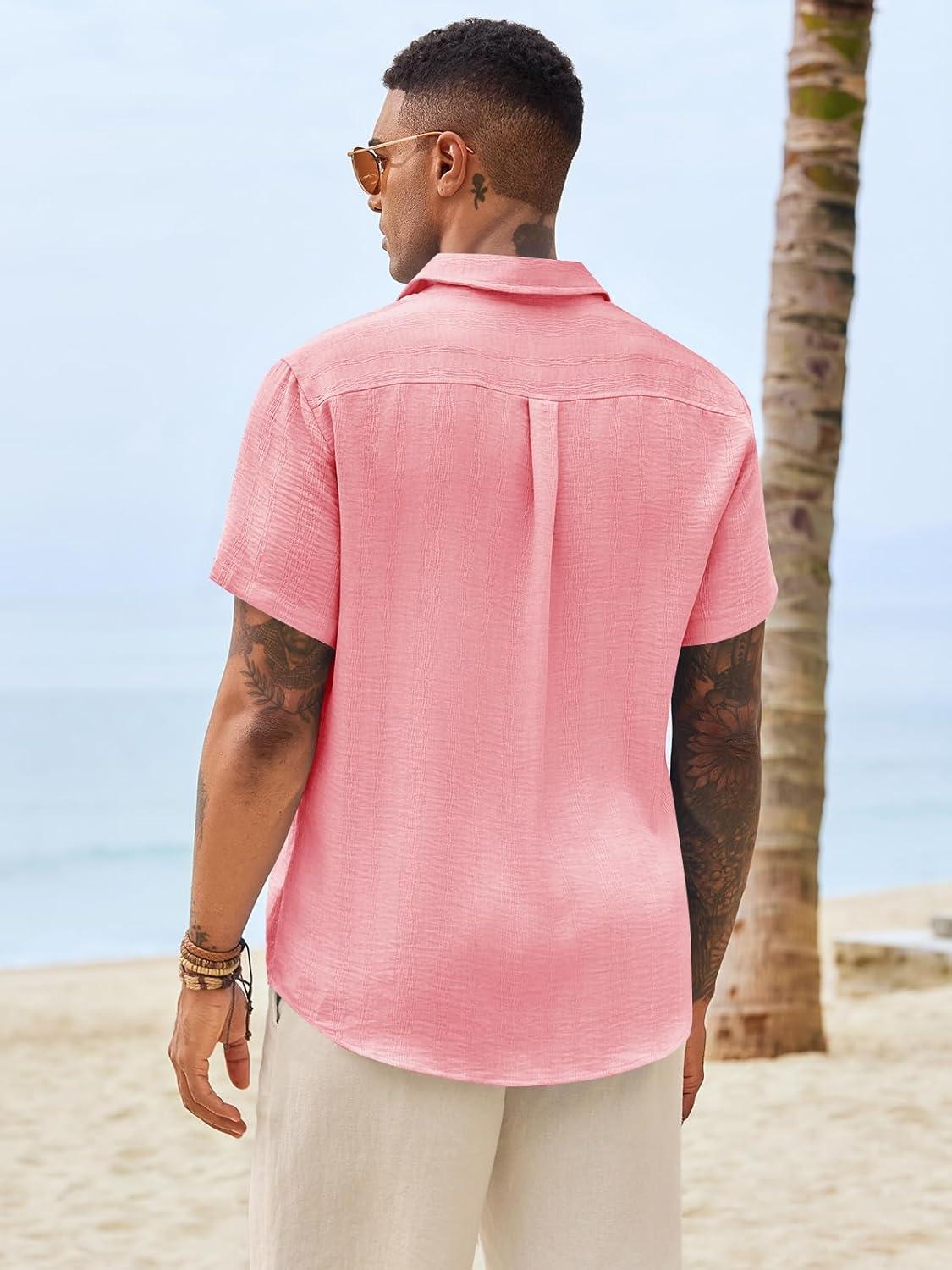 imageRuncati Mens Button Down Shirts Casual Short Sleeve Shirt Textured Linen Summer Beach Tops with PocketPink
