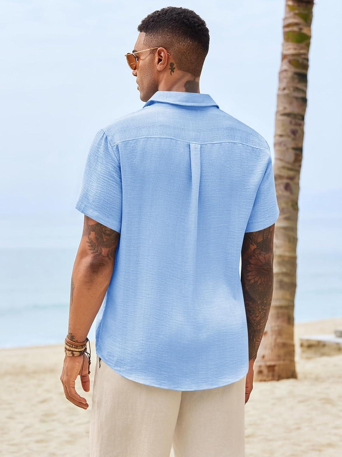 imageRuncati Mens Button Down Shirts Casual Short Sleeve Shirt Textured Linen Summer Beach Tops with PocketSky Blue