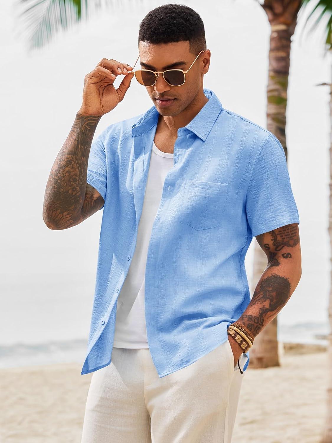 imageRuncati Mens Button Down Shirts Casual Short Sleeve Shirt Textured Linen Summer Beach Tops with PocketSky Blue