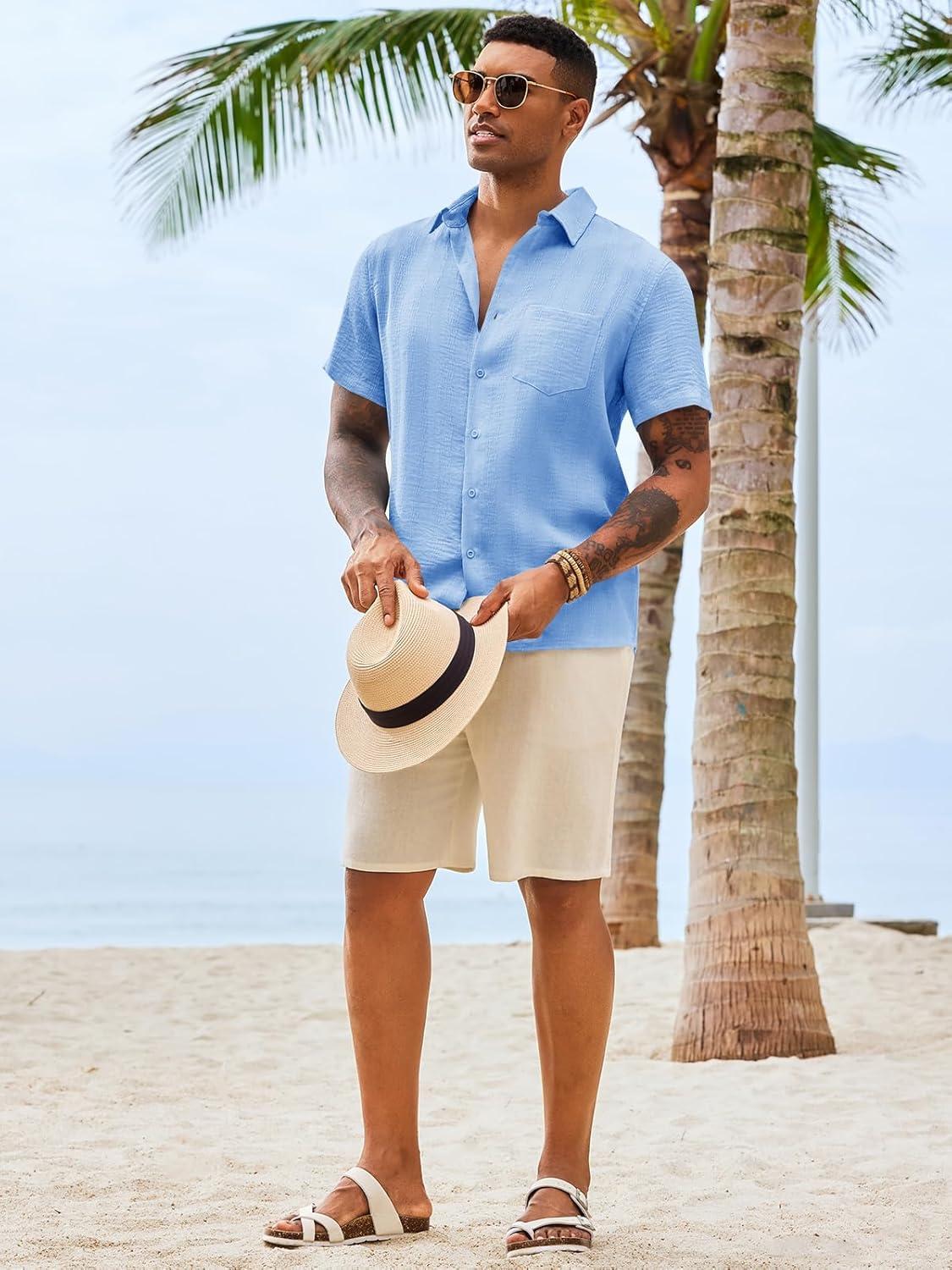 imageRuncati Mens Button Down Shirts Casual Short Sleeve Shirt Textured Linen Summer Beach Tops with PocketSky Blue