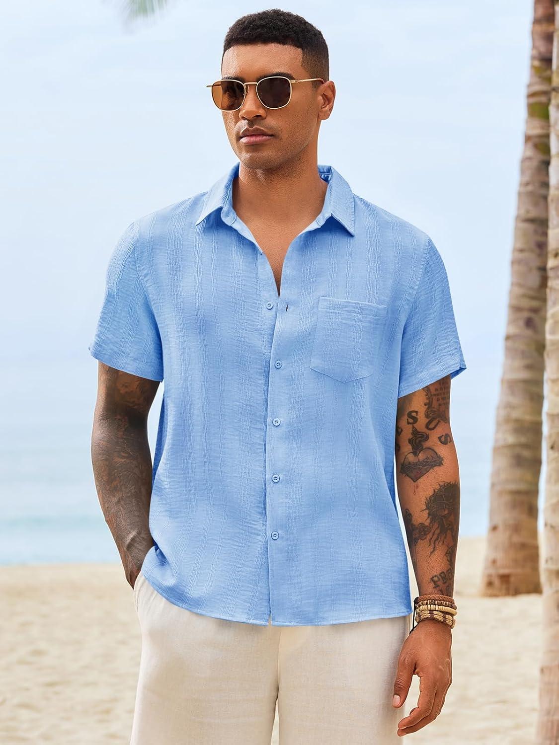 imageRuncati Mens Button Down Shirts Casual Short Sleeve Shirt Textured Linen Summer Beach Tops with PocketSky Blue