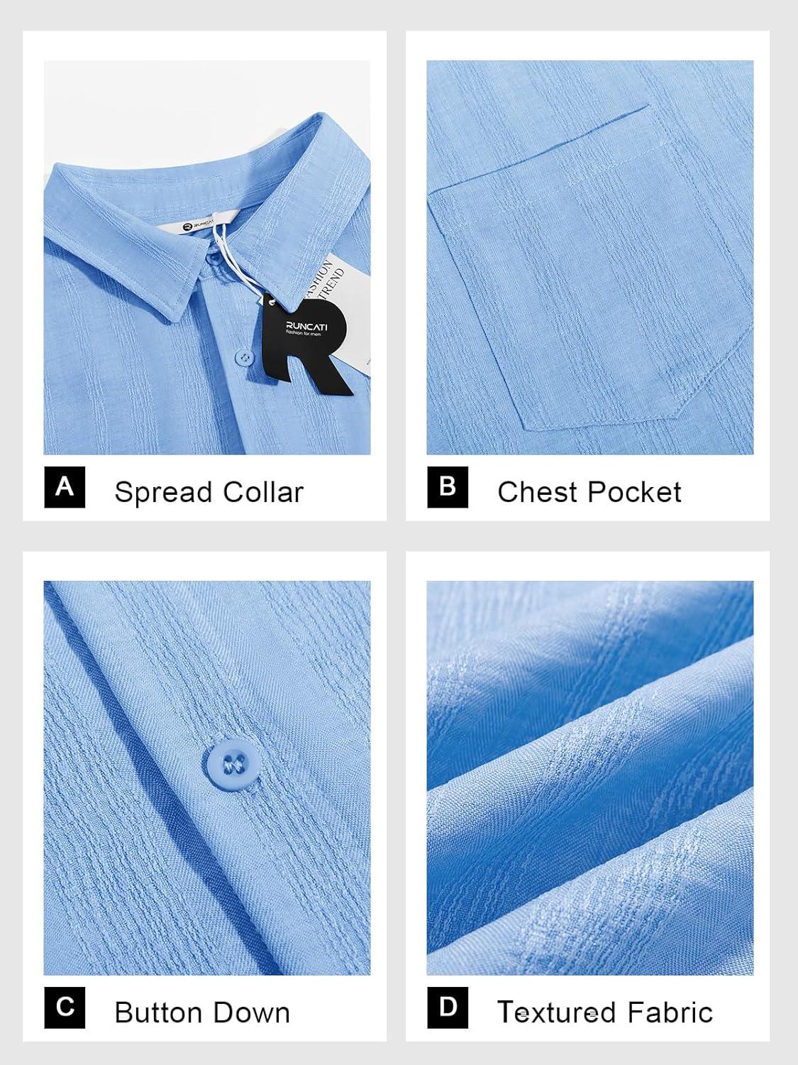 imageRuncati Mens Button Down Shirts Casual Short Sleeve Shirt Textured Linen Summer Beach Tops with PocketSky Blue