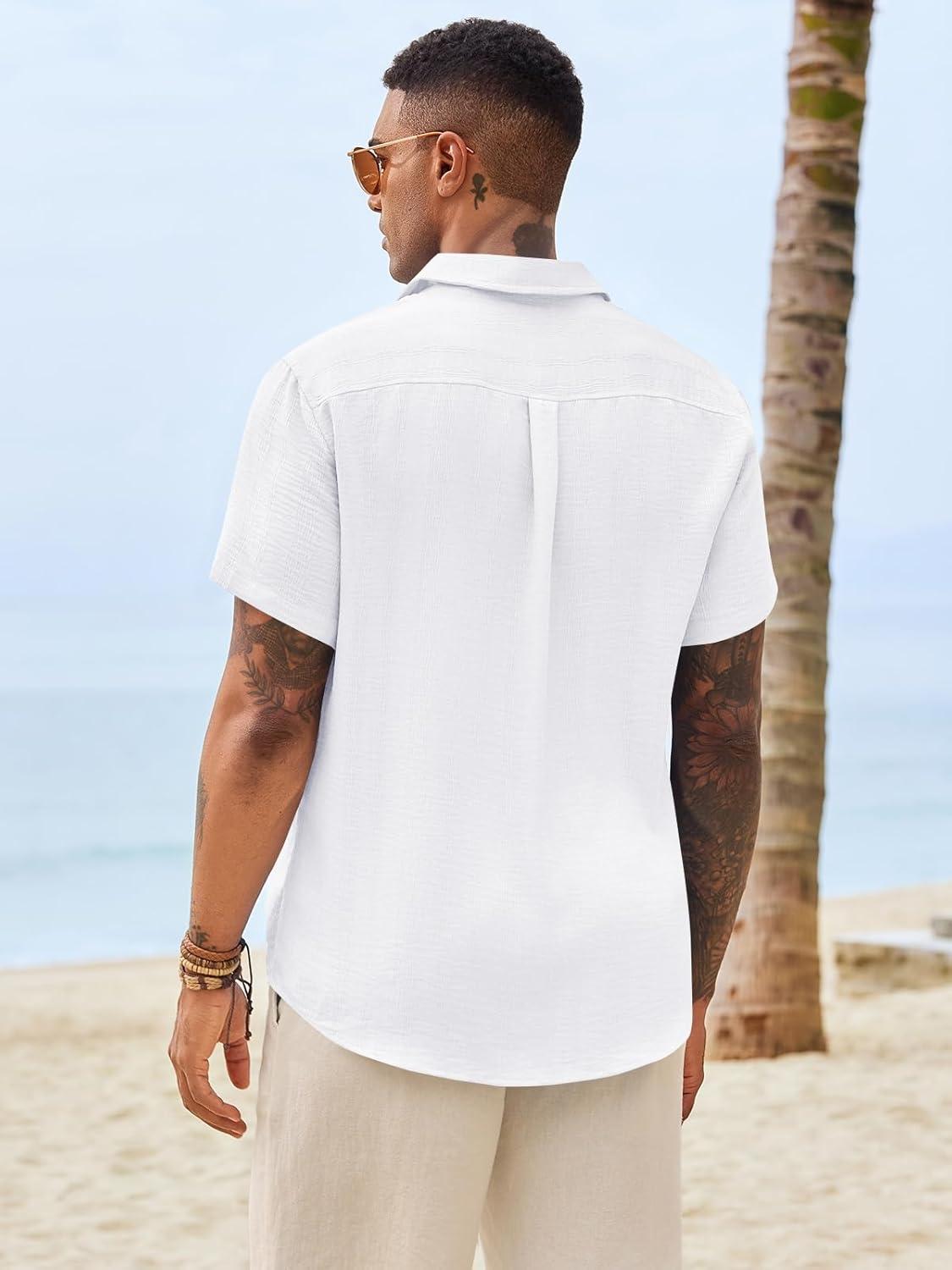 imageRuncati Mens Button Down Shirts Casual Short Sleeve Shirt Textured Linen Summer Beach Tops with PocketWhite