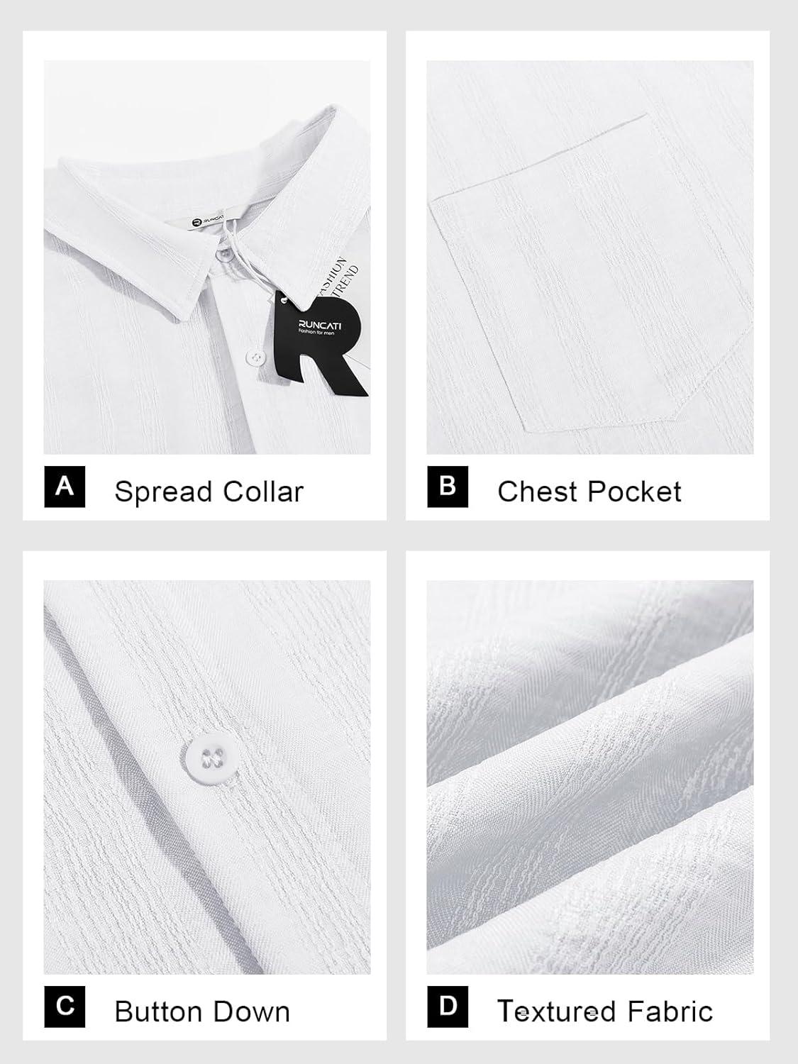 imageRuncati Mens Button Down Shirts Casual Short Sleeve Shirt Textured Linen Summer Beach Tops with PocketWhite