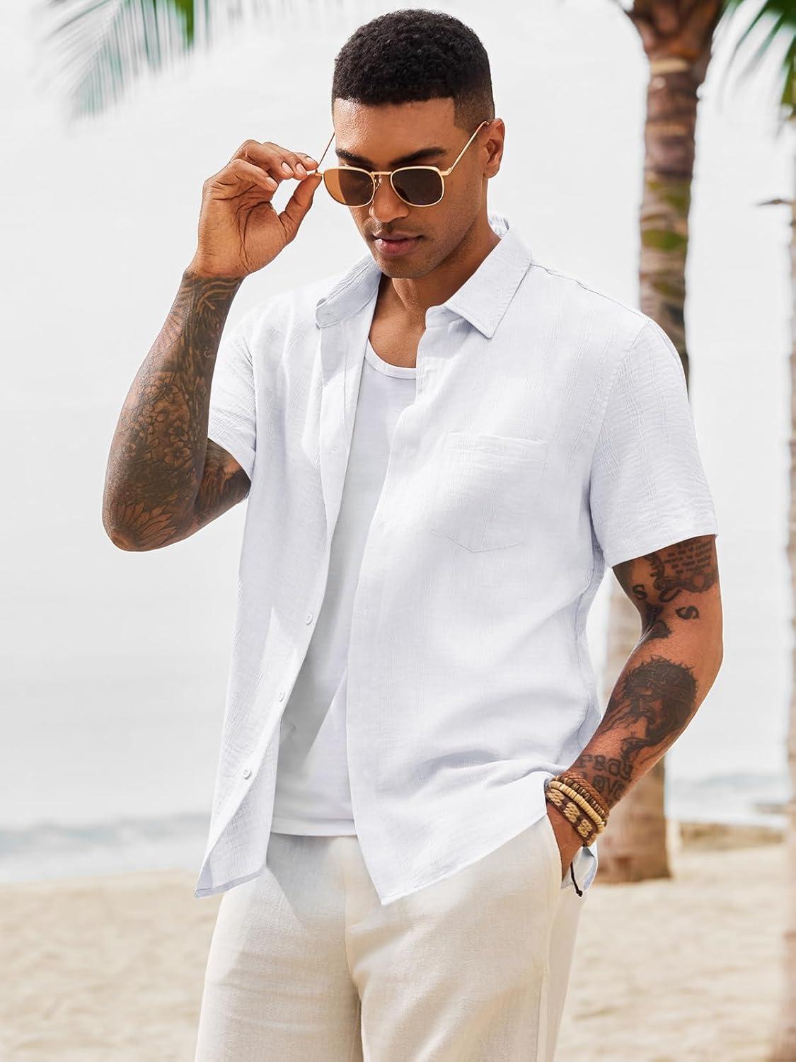 imageRuncati Mens Button Down Shirts Casual Short Sleeve Shirt Textured Linen Summer Beach Tops with PocketWhite