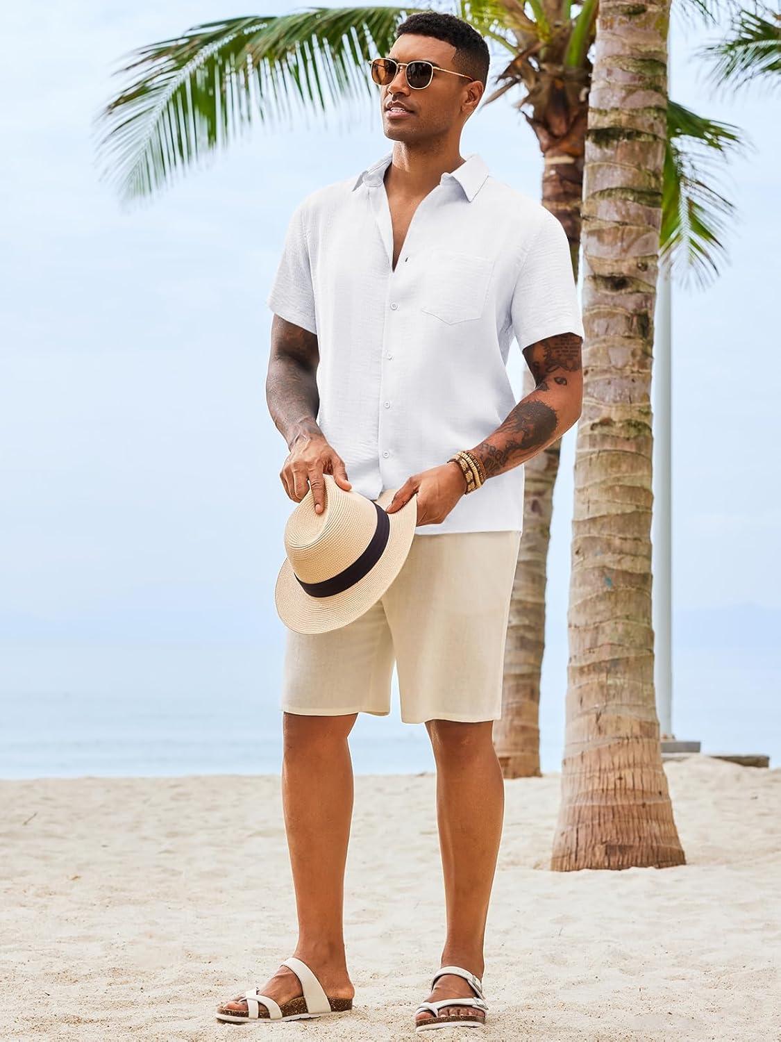 imageRuncati Mens Button Down Shirts Casual Short Sleeve Shirt Textured Linen Summer Beach Tops with PocketWhite