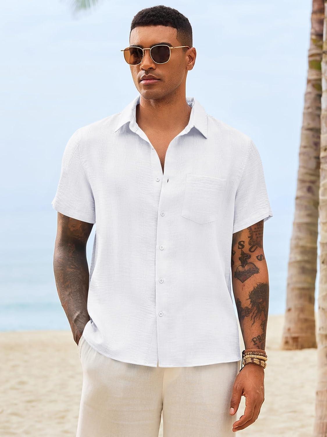 imageRuncati Mens Button Down Shirts Casual Short Sleeve Shirt Textured Linen Summer Beach Tops with PocketWhite