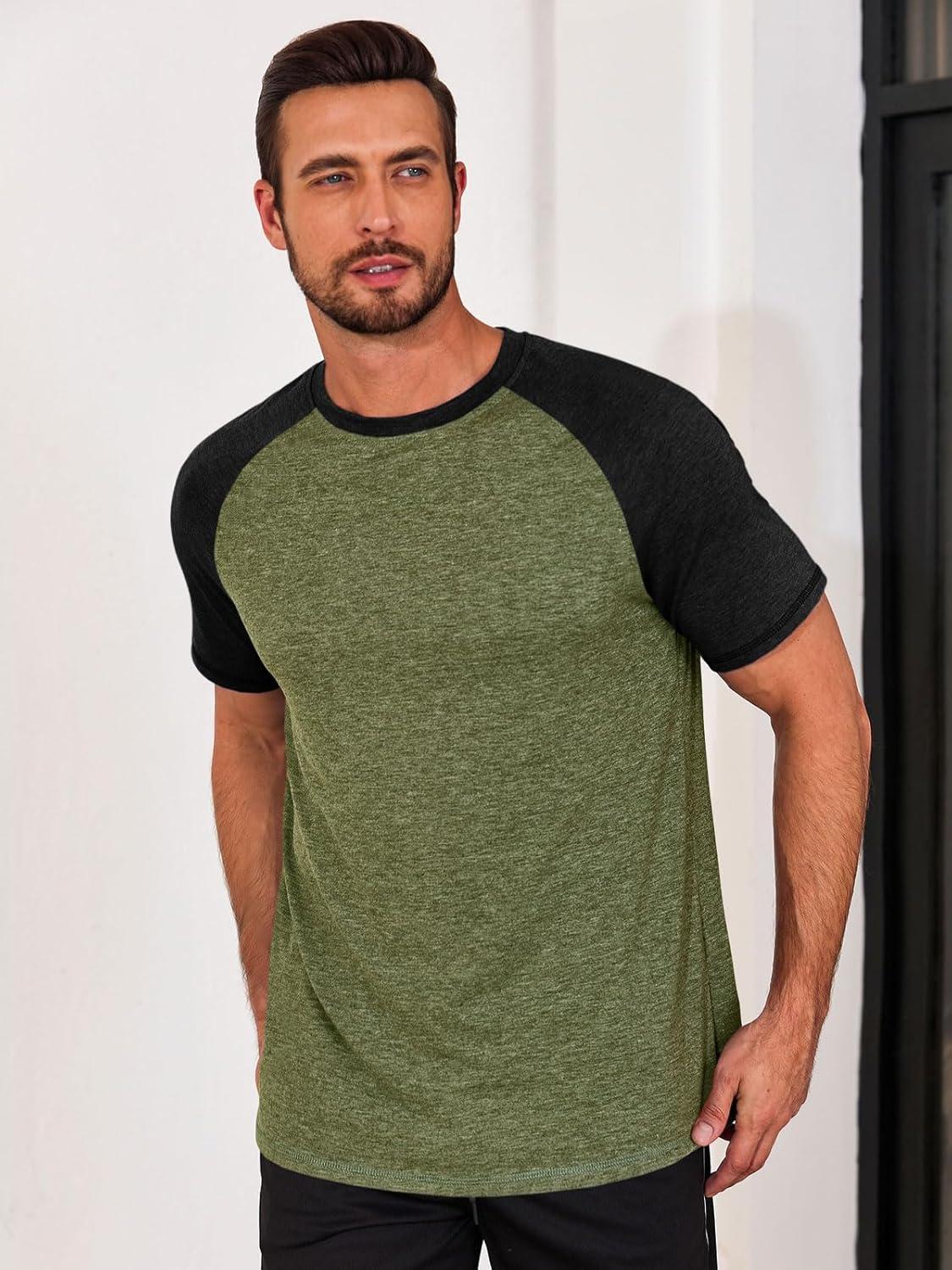 imageRuncati Mens Casual Slim Fit T Shirts Raglan Short Sleeve Crewneck Baseball Tees Color Block Workout Fashion ShirtArmy Green