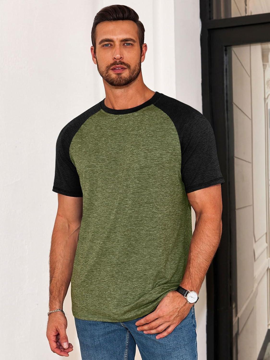 imageRuncati Mens Casual Slim Fit T Shirts Raglan Short Sleeve Crewneck Baseball Tees Color Block Workout Fashion ShirtArmy Green