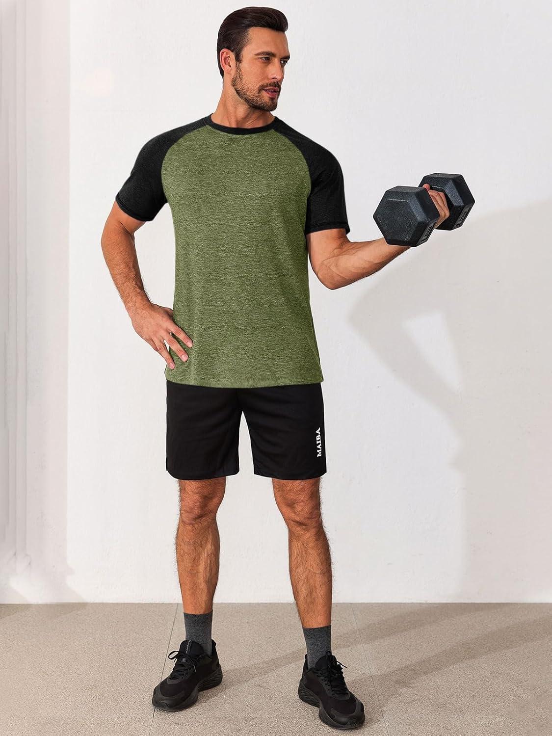 imageRuncati Mens Casual Slim Fit T Shirts Raglan Short Sleeve Crewneck Baseball Tees Color Block Workout Fashion ShirtArmy Green